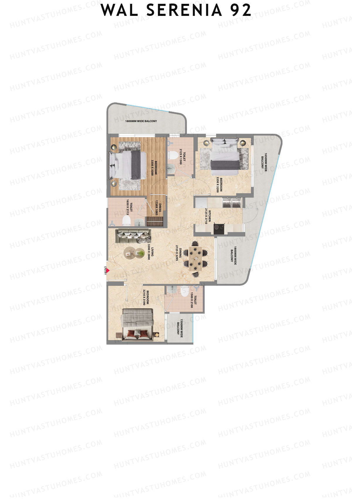 Wal Serenia 92, Tower 1, Unit 1 (Type 2), 3BHK, Super Area 1350   sq ft 