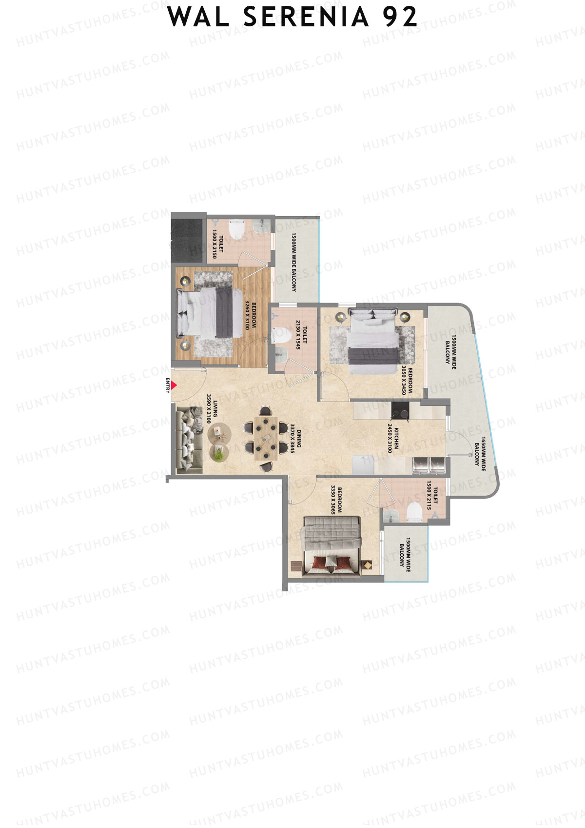 Wal Serenia 92, Tower 1, Unit 2 (Type 1), 3BHK, Super Area 1250   sq ft 