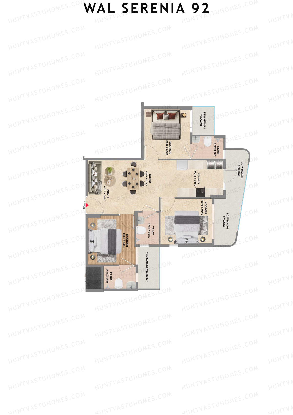 Wal Serenia 92, Tower 1, Unit 3 (Type 1), 3BHK, Super Area 1250   sq ft 