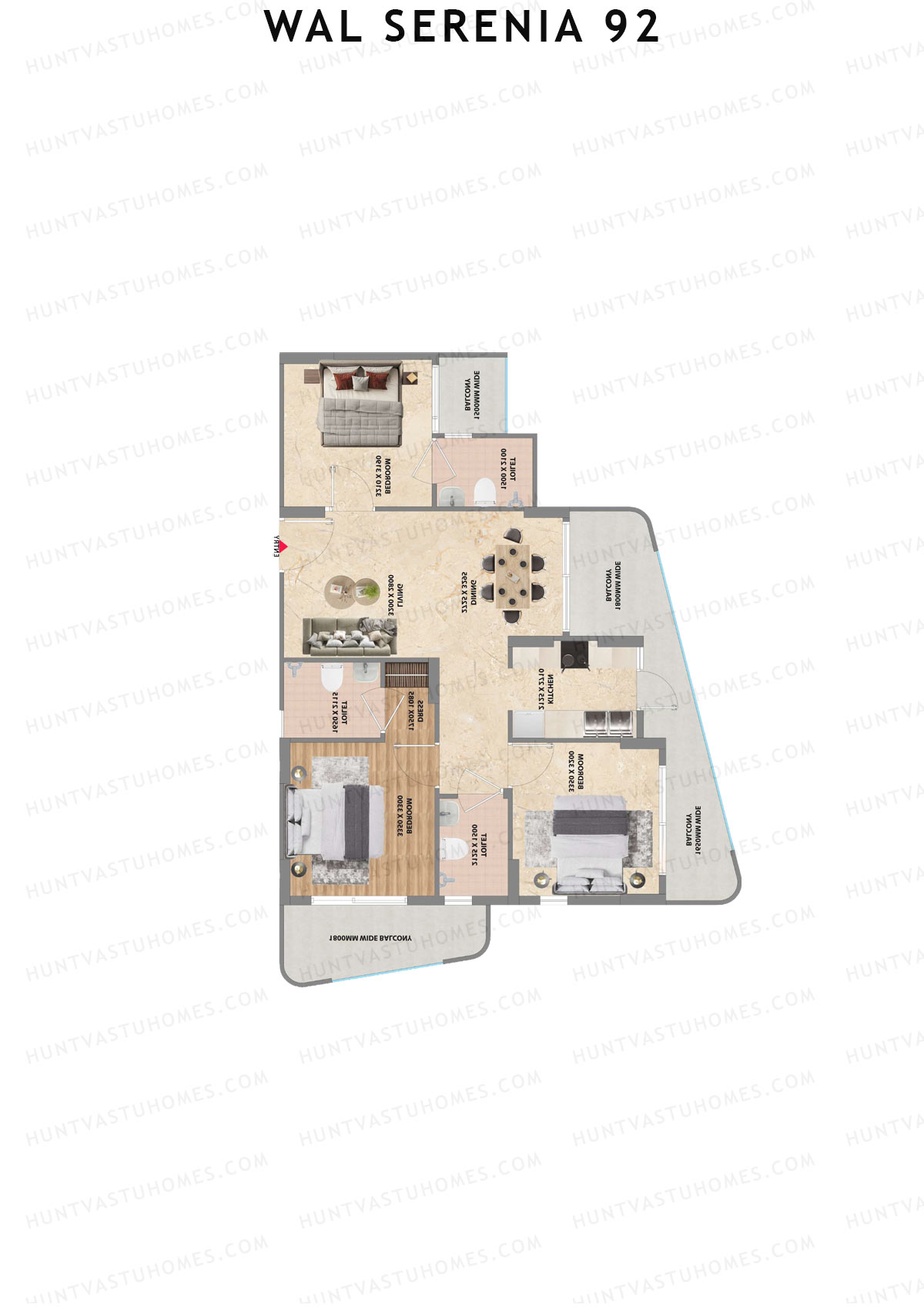 Wal Serenia 92, Tower 1, Unit 4 (Type 2), 3BHK, Super Area 1350   sq ft 