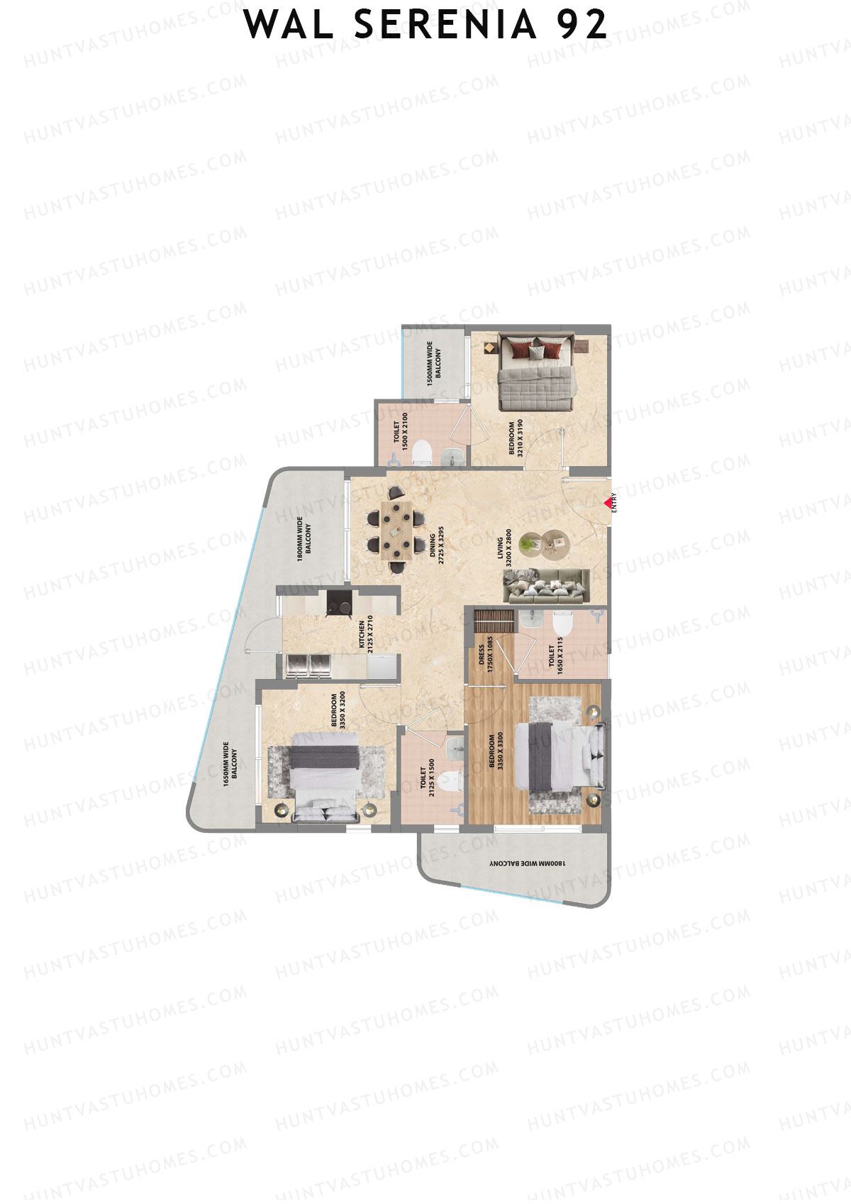Wal Serenia 92, Tower 1, Unit 5 (Type 2), 3BHK, Super Area 1350   sq ft 