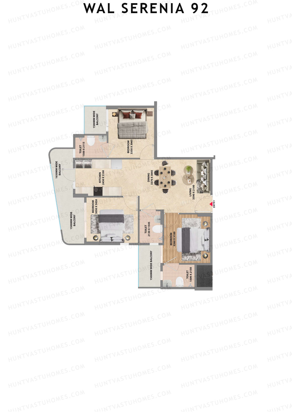 Wal Serenia 92, Tower 1, Unit 6 (Type 1), 3BHK, Super Area 1250   sq ft 
