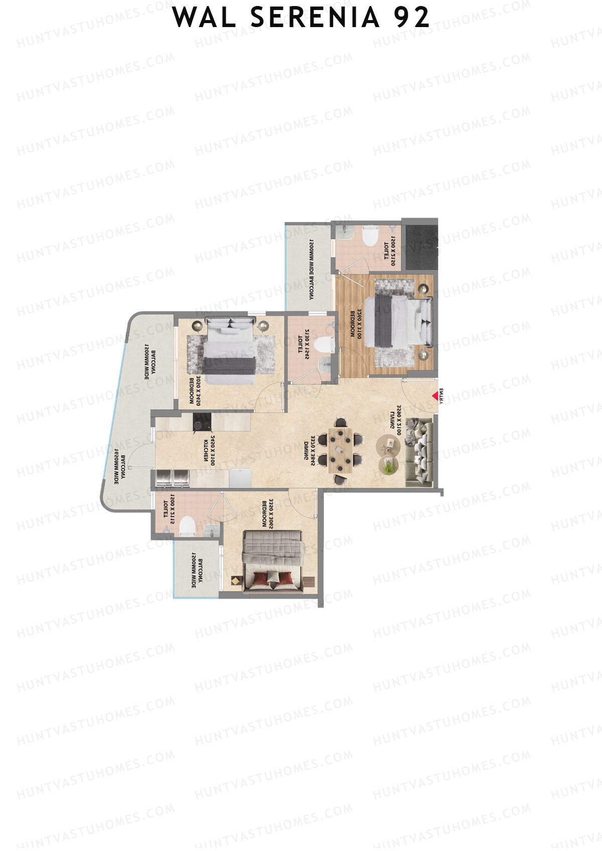 Wal Serenia 92, Tower 1, Unit 7 (Type 1), 3BHK, Super Area 1250   sq ft 