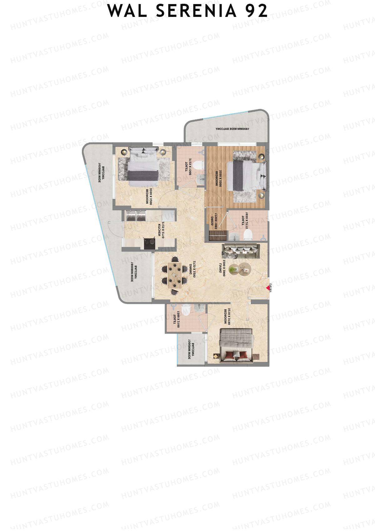Wal Serenia 92, Tower 1, Unit 8 (Type 2), 3BHK, Super Area 1350   sq ft 