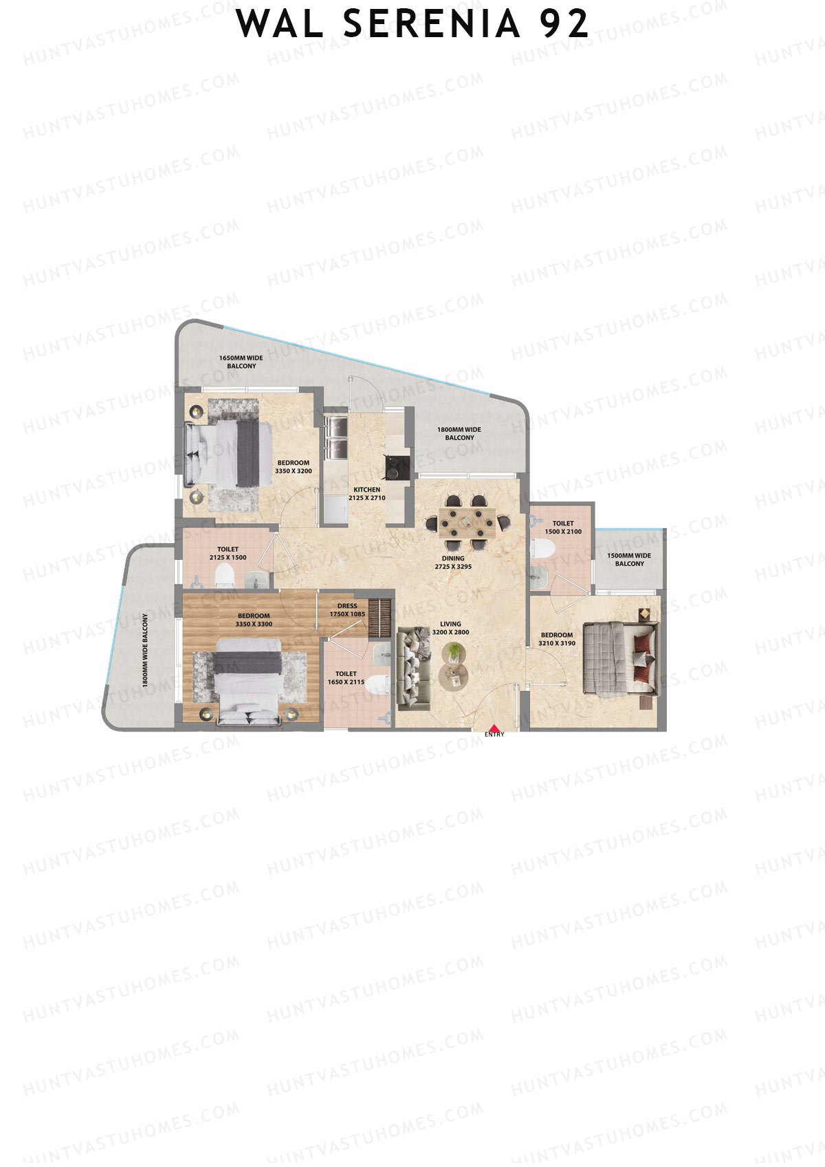 Wal Serenia 92, Tower 2, Unit 1 (Type 2), 3BHK, Super Area 1350   sq ft 