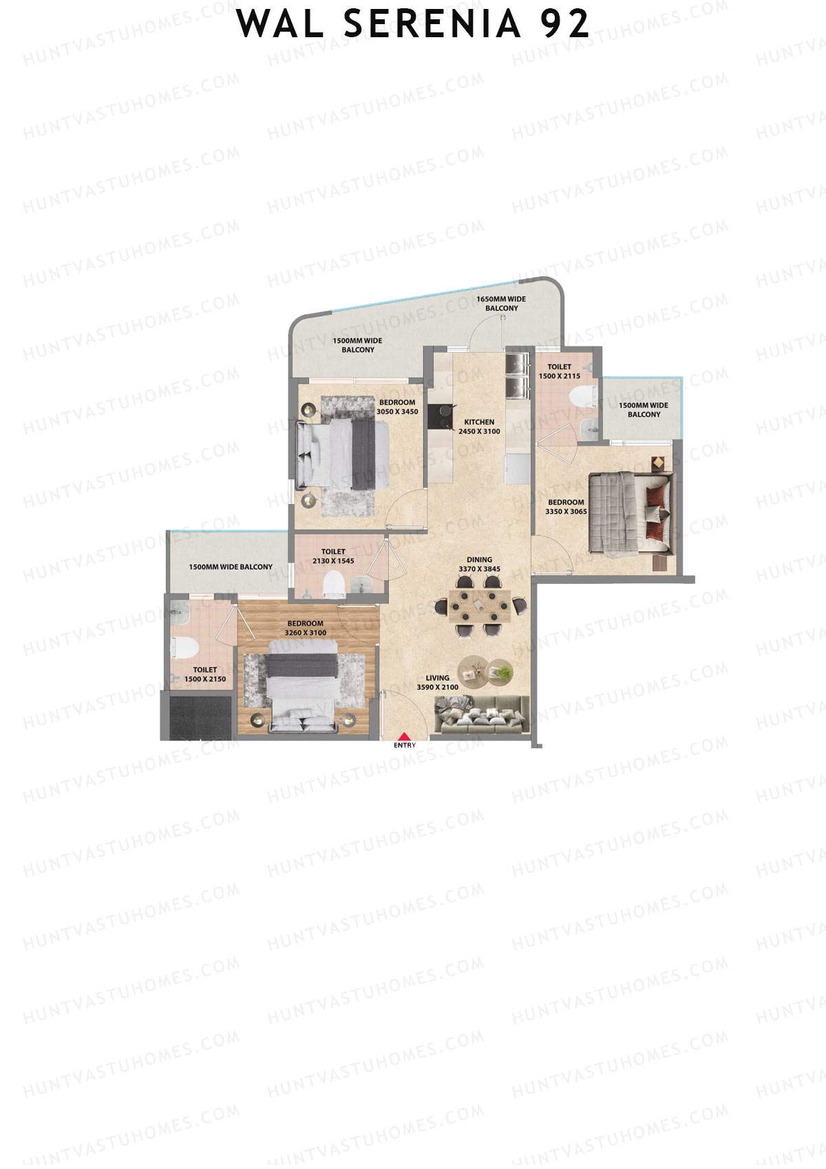 Wal Serenia 92, Tower 2, Unit 2 (Type 1), 3BHK, Super Area 1250   sq ft 