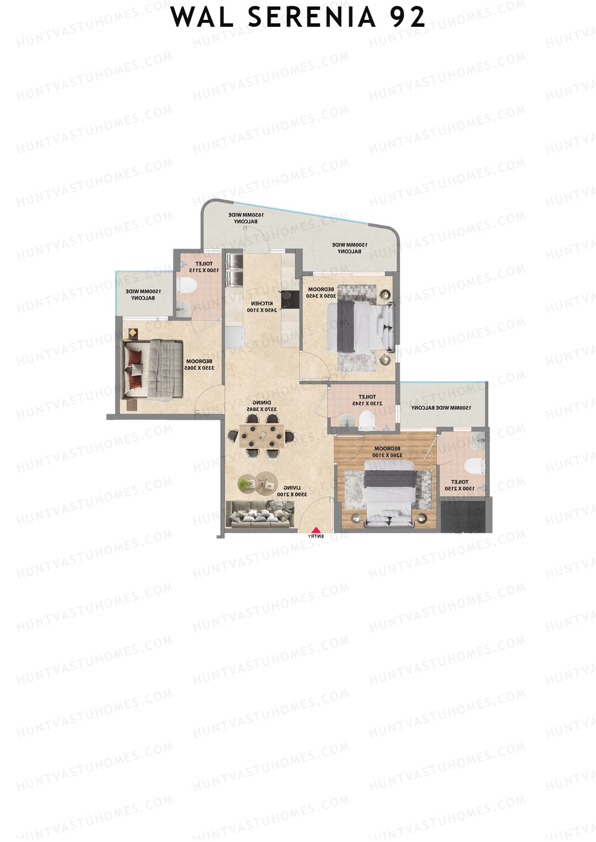 Wal Serenia 92, Tower 2, Unit 3 (Type 1), 3BHK, Super Area 1250   sq ft 