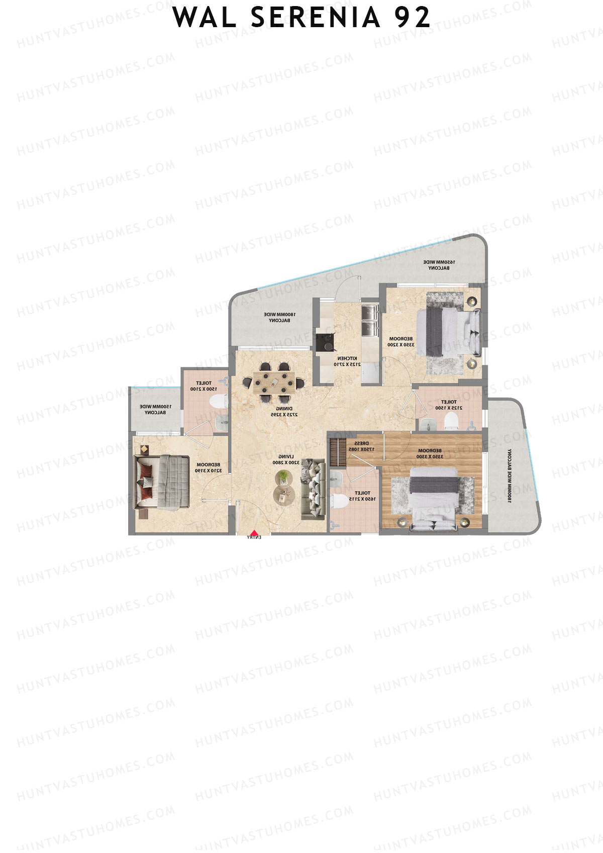 Wal Serenia 92, Tower 2, Unit 4 (Type 2), 3BHK, Super Area 1350   sq ft 