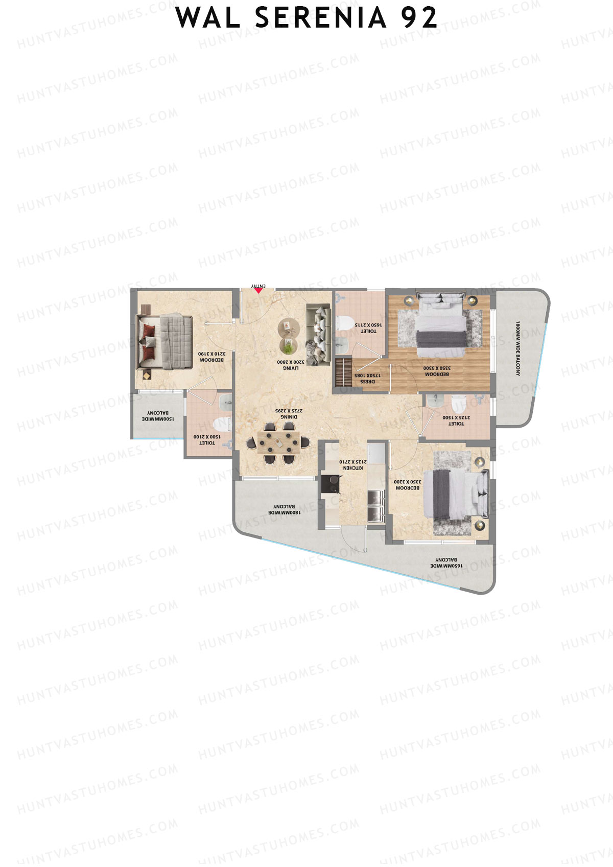 Wal Serenia 92, Tower 2, Unit 5 (Type 2), 3BHK, Super Area 1350   sq ft 