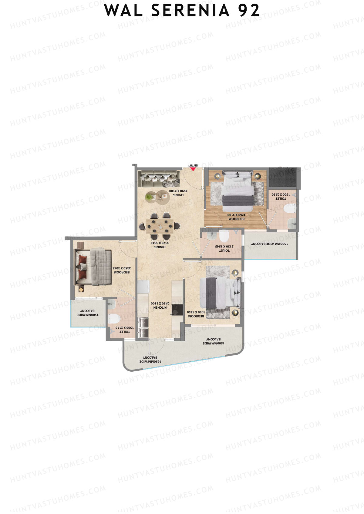 Wal Serenia 92, Tower 2, Unit 6 (Type 1), 3BHK, Super Area 1250   sq ft 