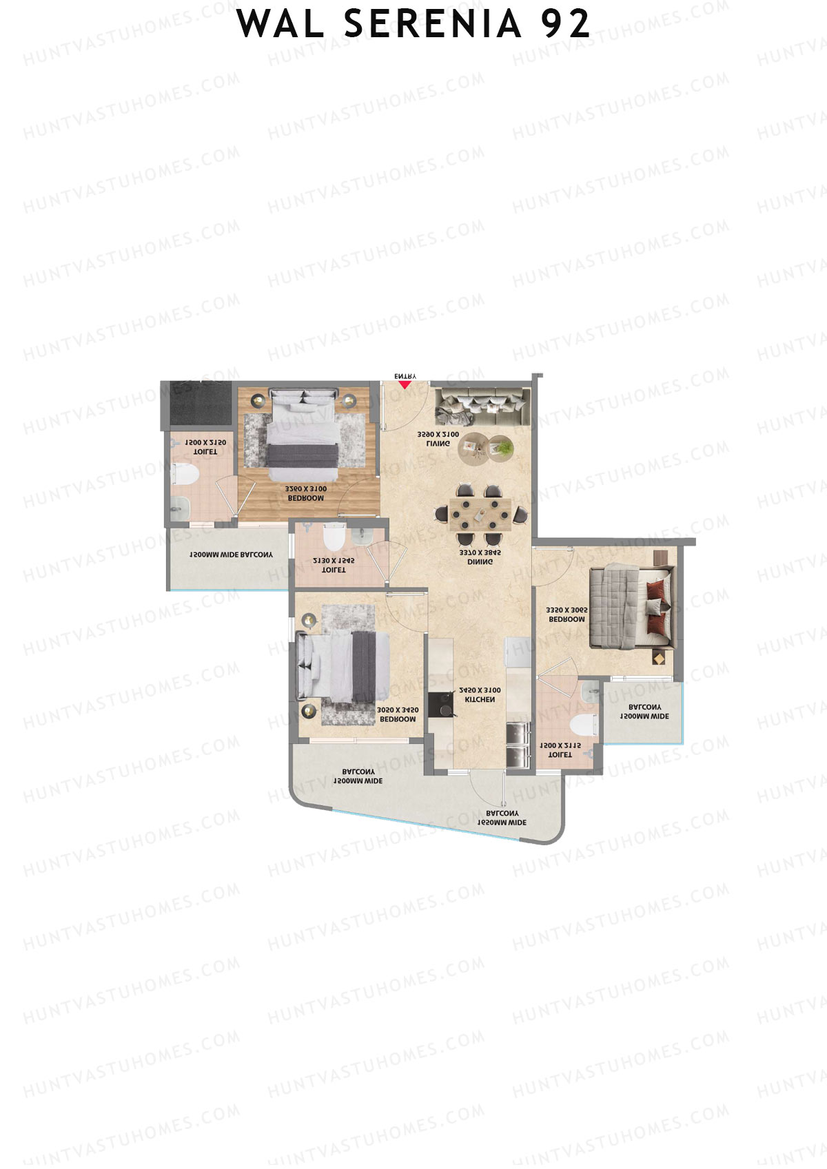 Wal Serenia 92, Tower 2, Unit 7 (Type 1), 3BHK, Super Area 1250   sq ft 
