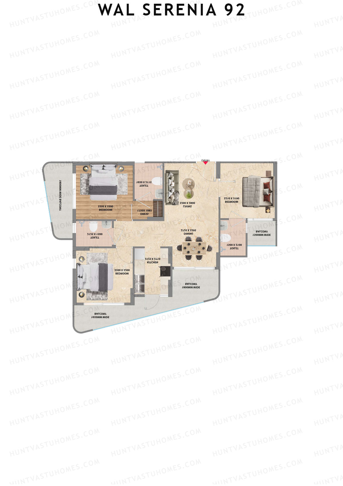 Wal Serenia 92, Tower 2, Unit 8 (Type 2), 3BHK, Super Area 1350   sq ft 