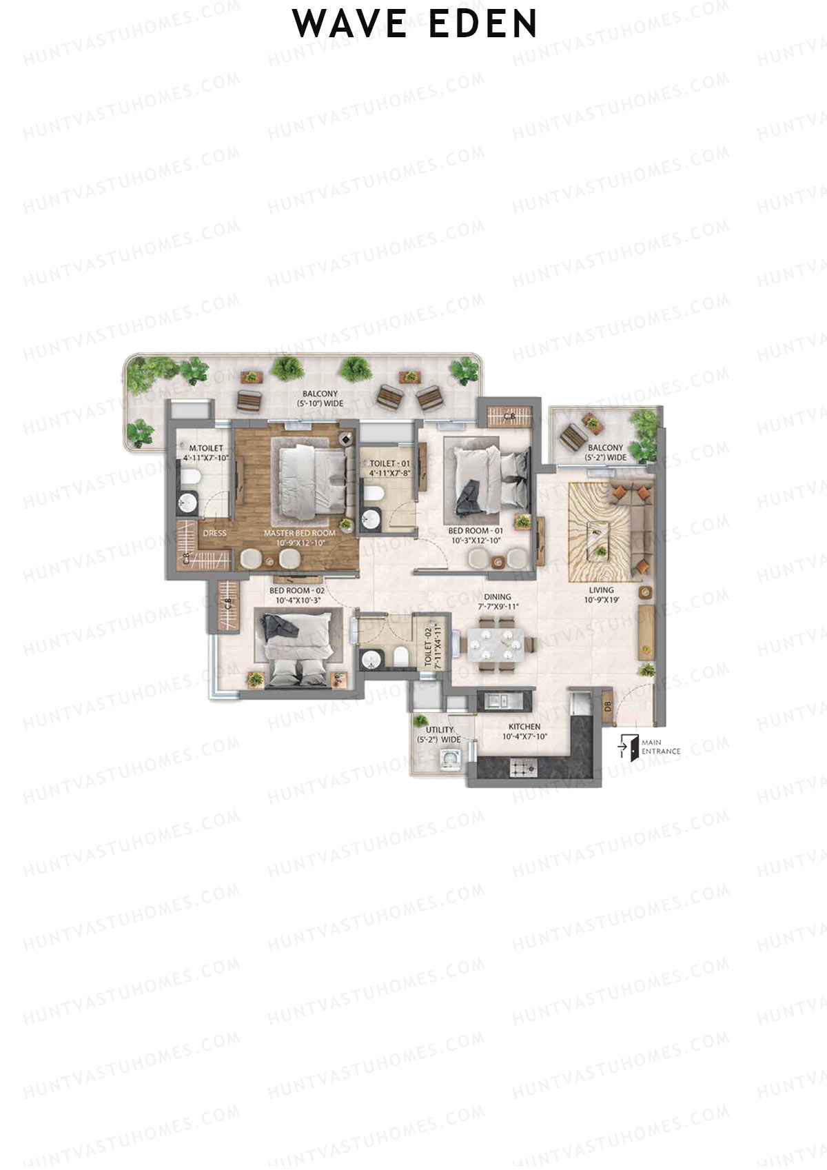 Wave Eden, Tower 4, Unit 1 (Type 3), 3BHK, Super Area 1774   sq ft 