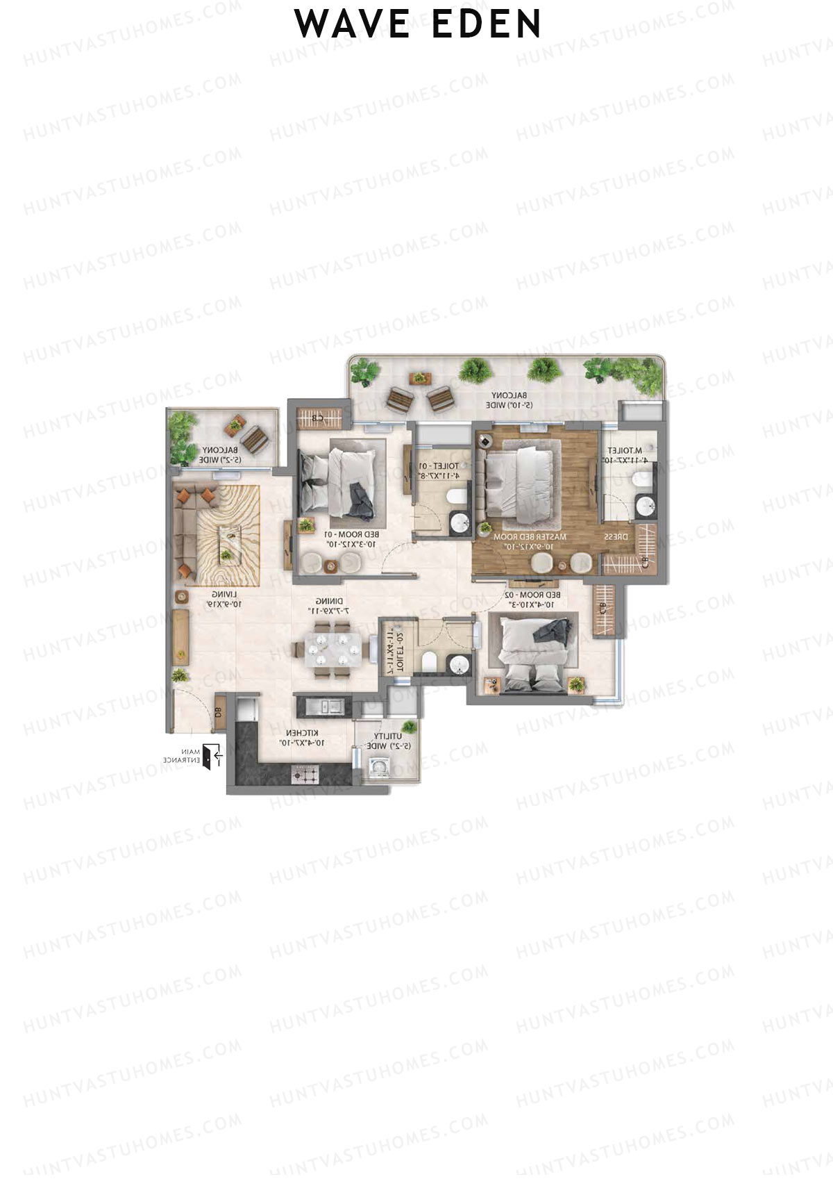 Wave Eden, Tower 4, Unit 2 (Type 4), 3BHK, Super Area 1750   sq ft 