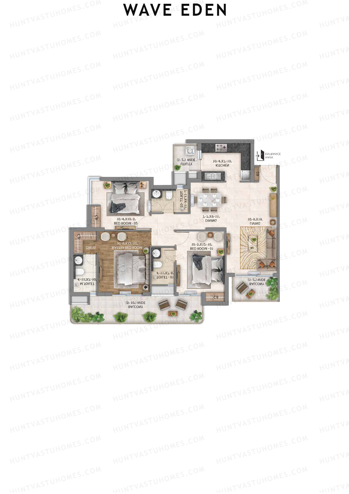 Wave Eden, Tower 4, Unit 4 (Type 4), 3BHK, Super Area 1750   sq ft 
