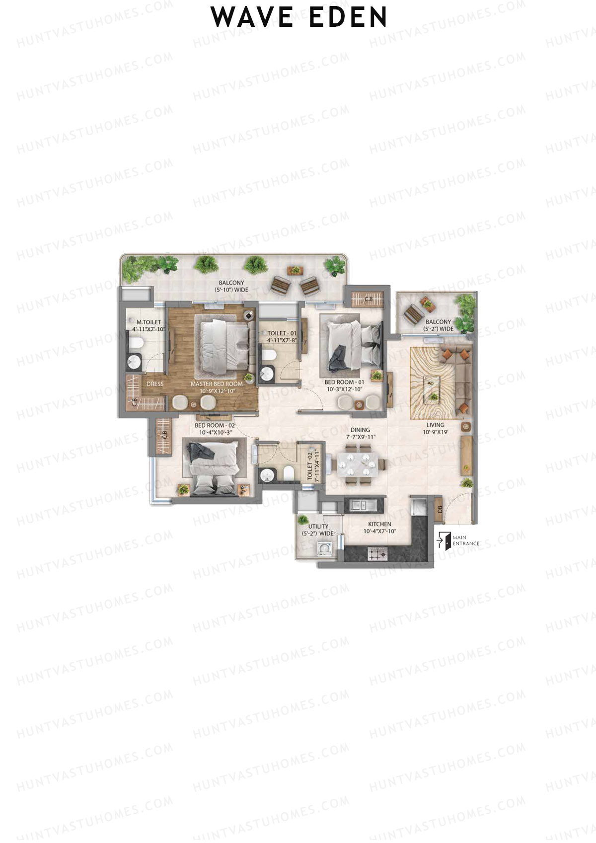 Wave Eden, Tower 5, Unit 1 (Type 4), 3BHK, Super Area 1750   sq ft 