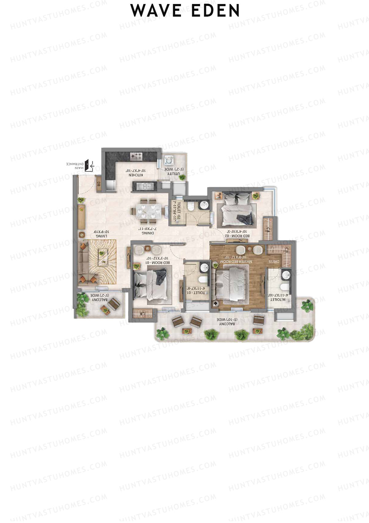 Wave Eden, Tower 5, Unit 3 (Type 3), 3BHK, Super Area 1774   sq ft 