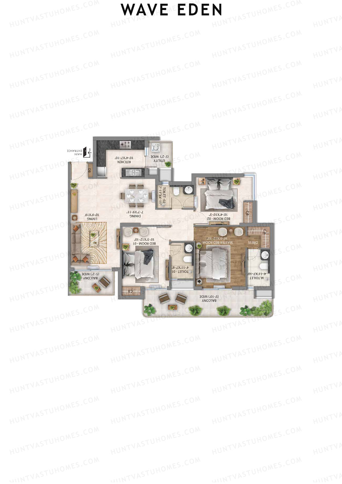 Wave Eden, Tower 5, Unit 3 (Type 4), 3BHK, Super Area 1750   sq ft 