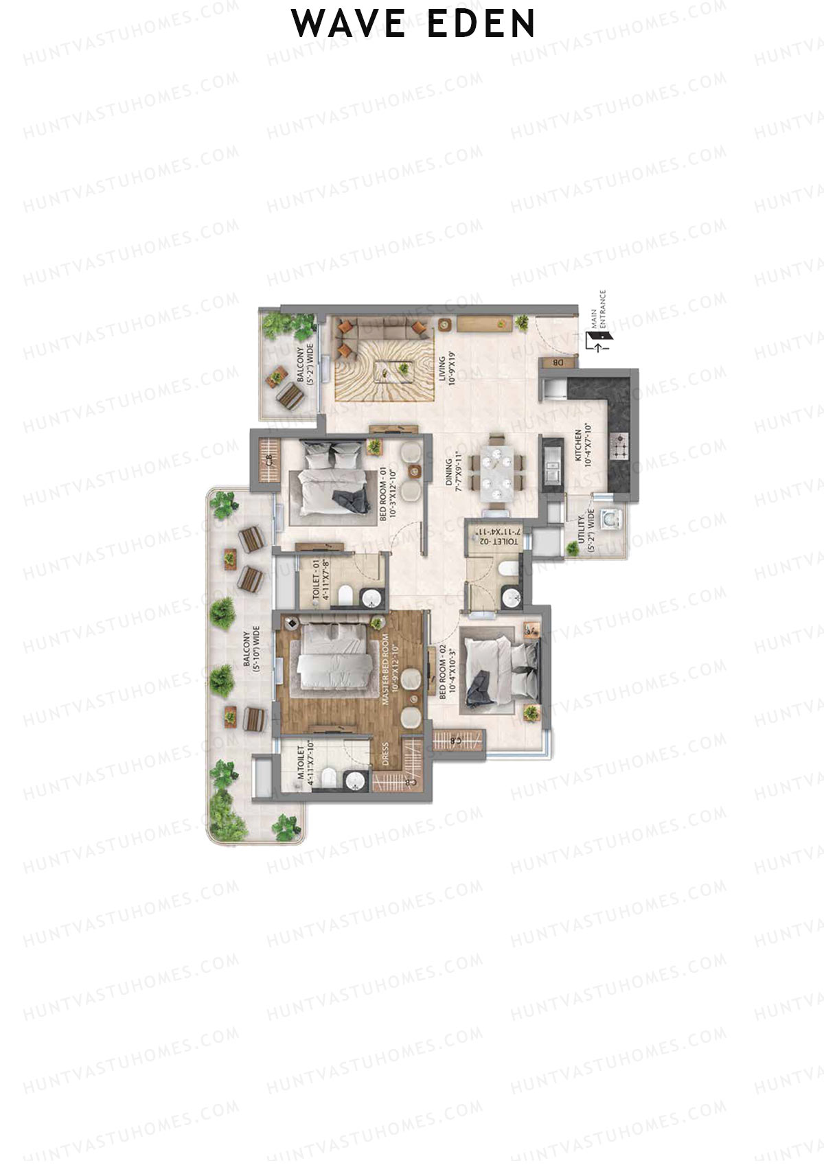 Wave Eden, Tower 6, Unit 1 (Type 3), 3BHK, Super Area 1774   sq ft 