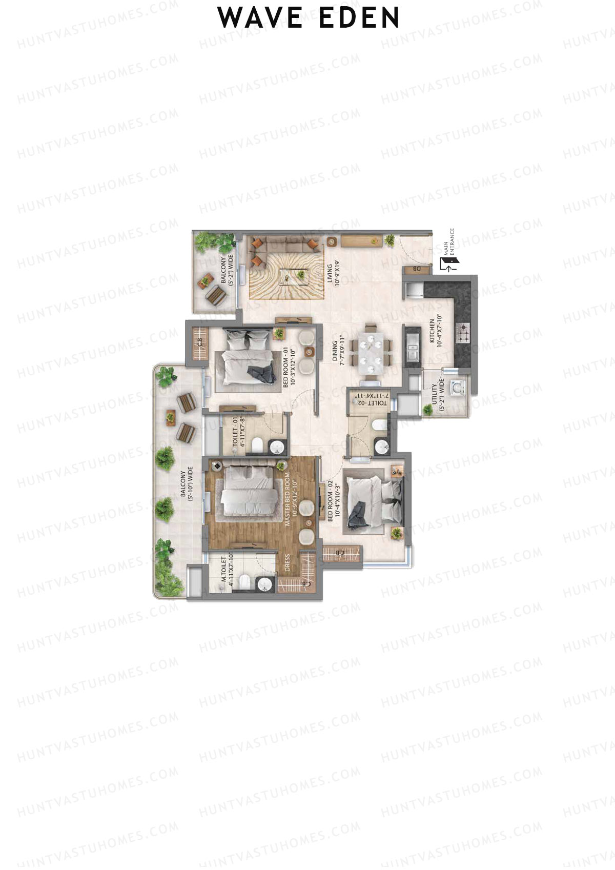 Wave Eden, Tower 6, Unit 1 (Type 4), 3BHK, Super Area 1750   sq ft 