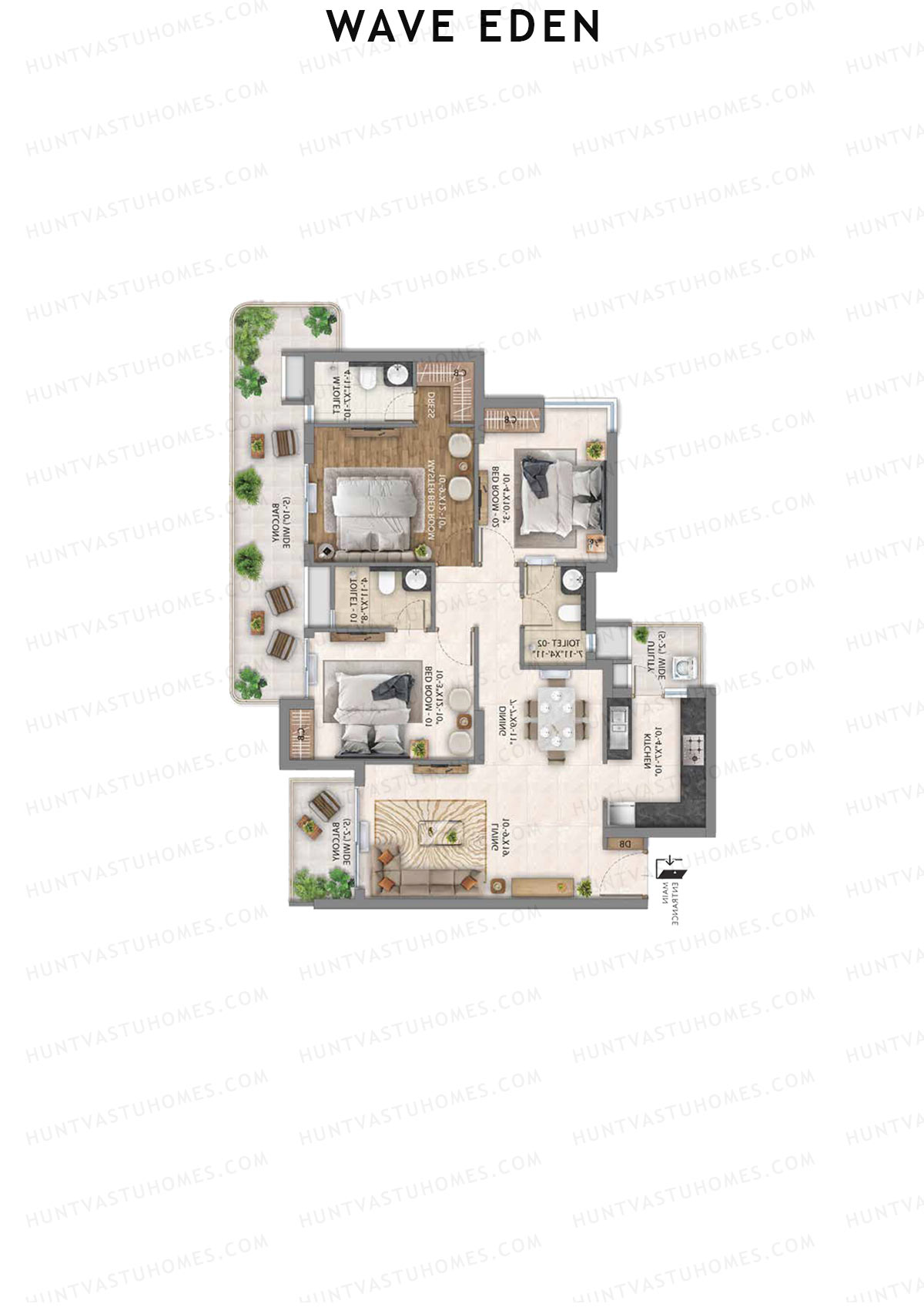 Wave Eden, Tower 6, Unit 2 (Type 3), 3BHK, Super Area 1774   sq ft 