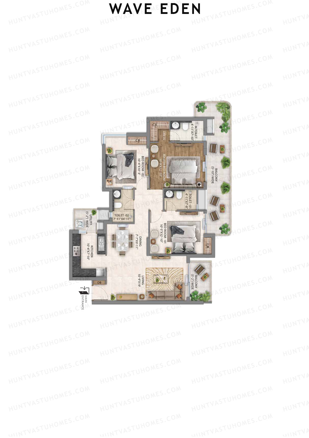 Wave Eden, Tower 6, Unit 3 (Type 3), 3BHK, Super Area 1774   sq ft 