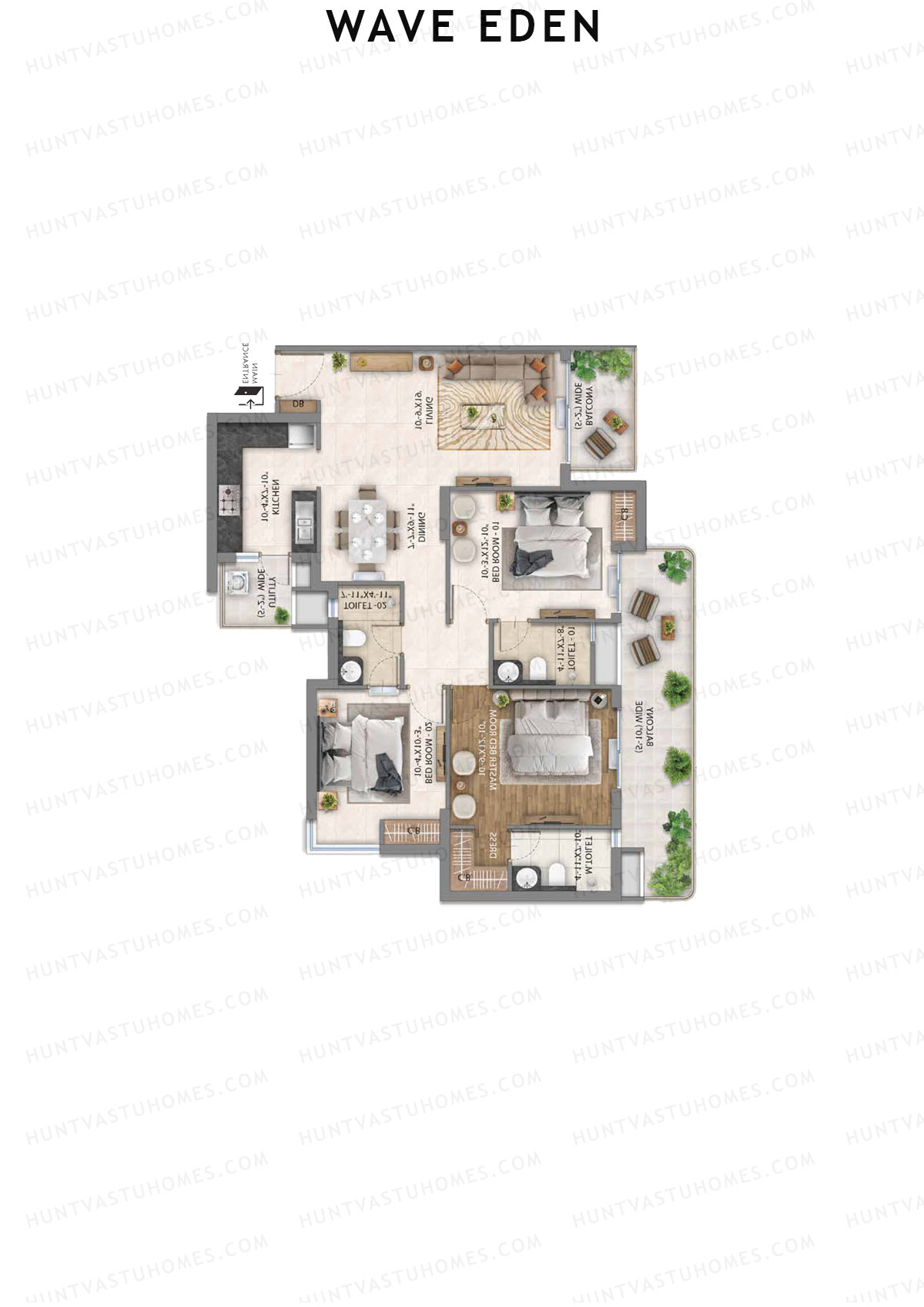 Wave Eden, Tower 6, Unit 4 (Type 4), 3BHK, Super Area 1750   sq ft 