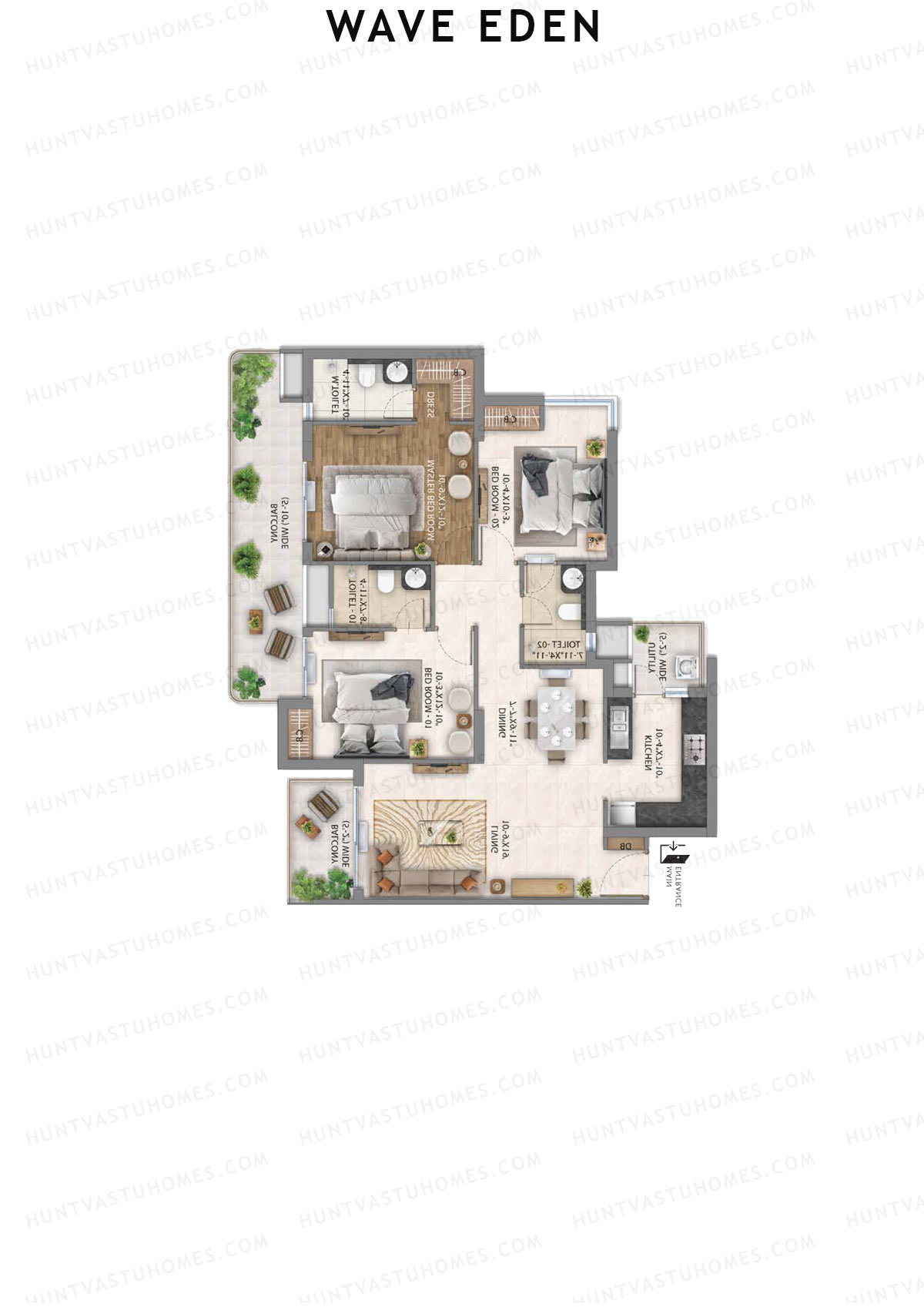 Wave Eden, Tower 7, Unit 2 (Type 4), 3BHK, Super Area 1750   sq ft 