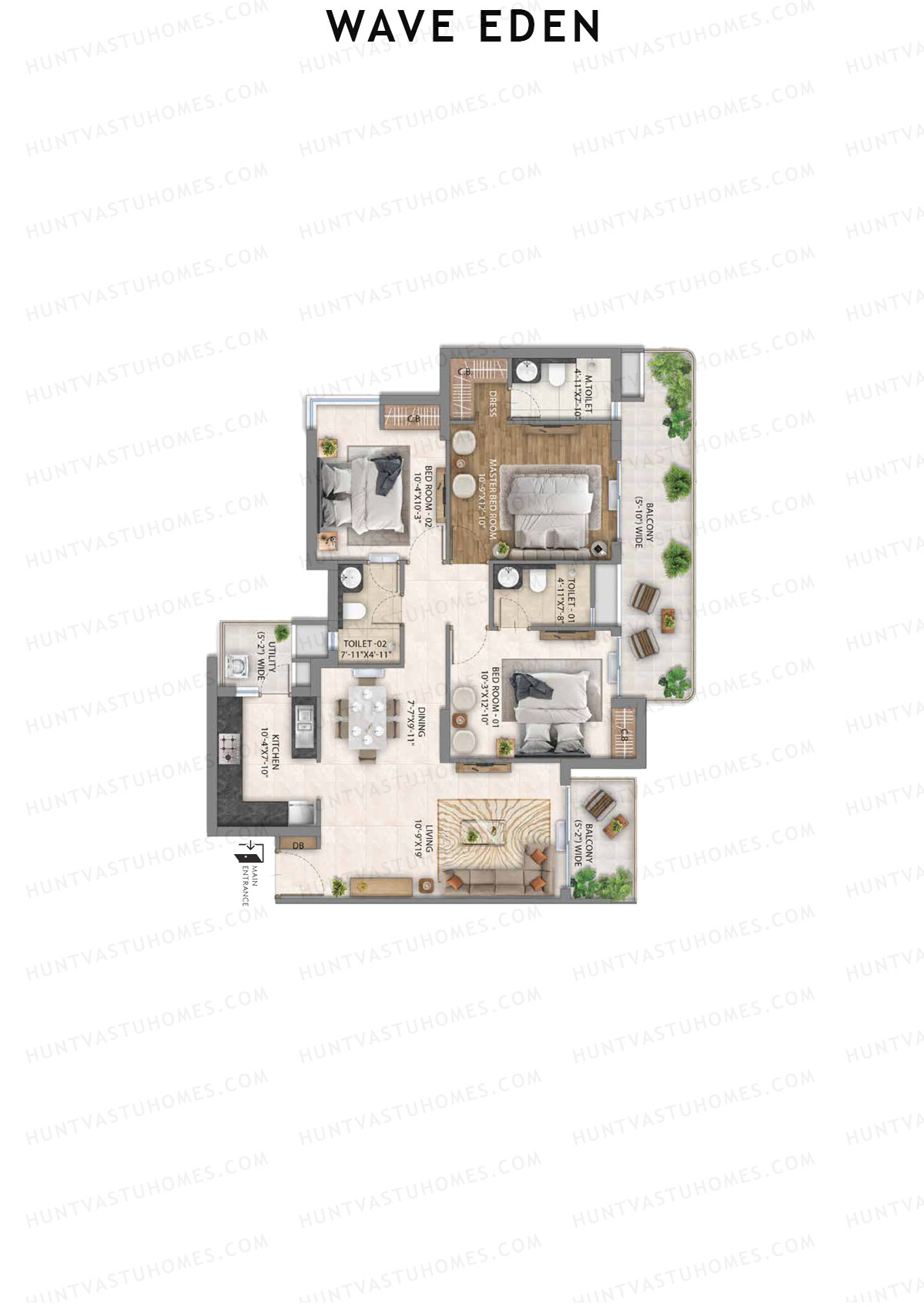 Wave Eden, Tower 7, Unit 3 (Type 4), 3BHK, Super Area 1750   sq ft 