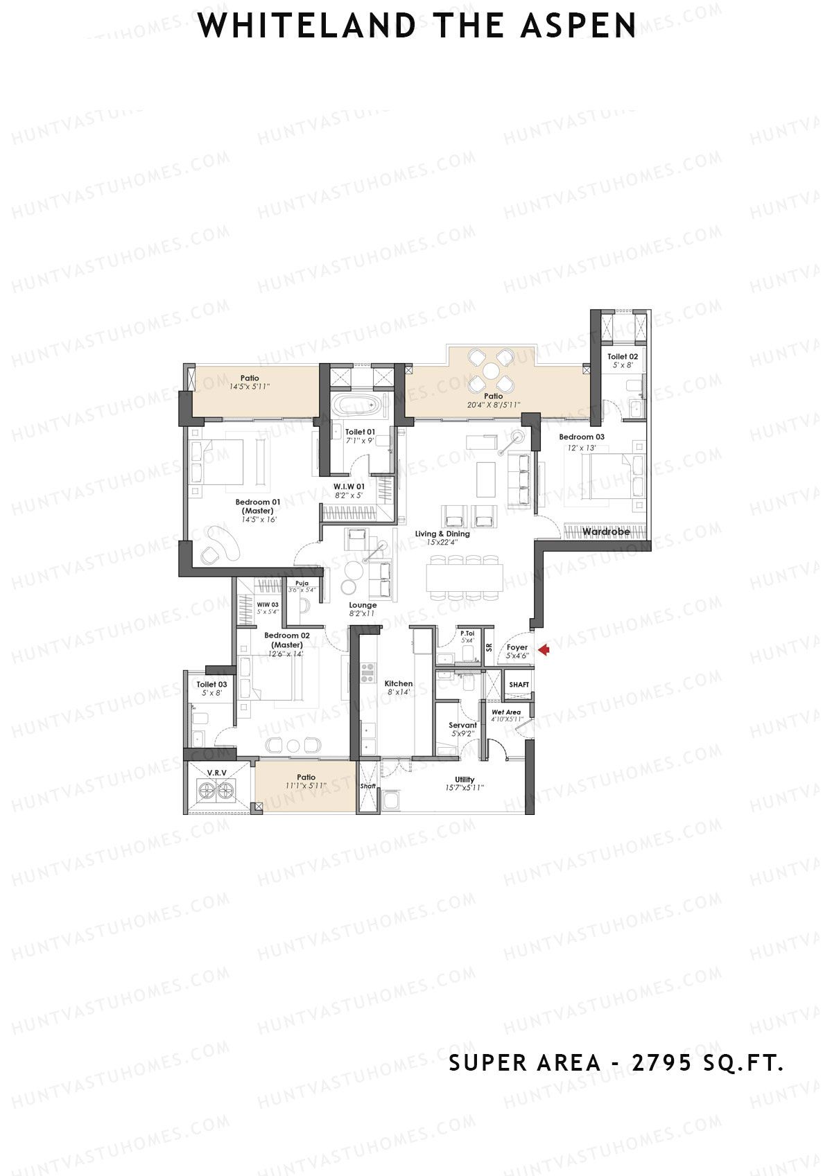 Whiteland The Aspen Tower T1 Unit 1 (Type 3bhk) Floor Plan