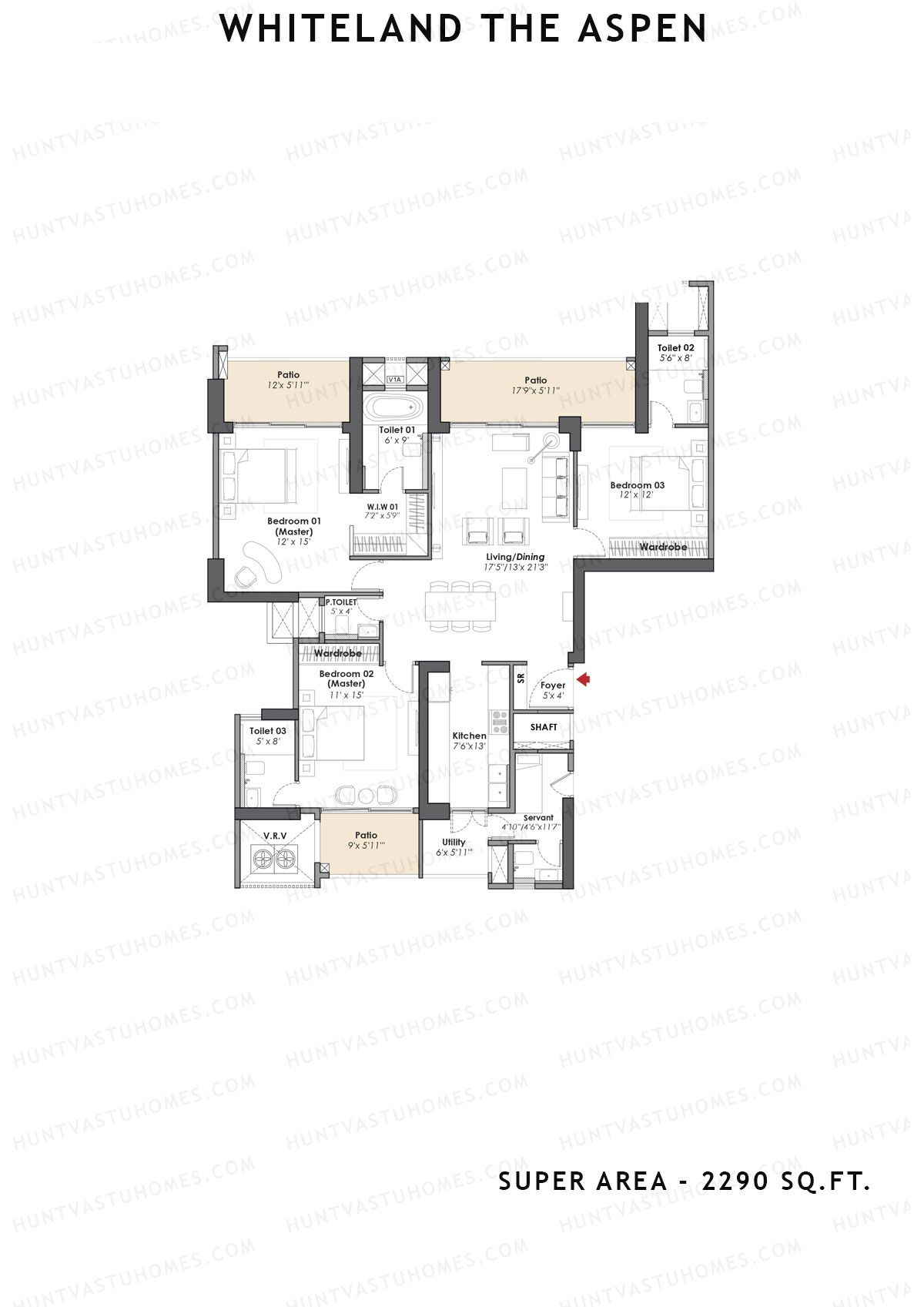 Whiteland The Aspen Tower T3 Unit 1 (Type 3bhk) Floor Plan