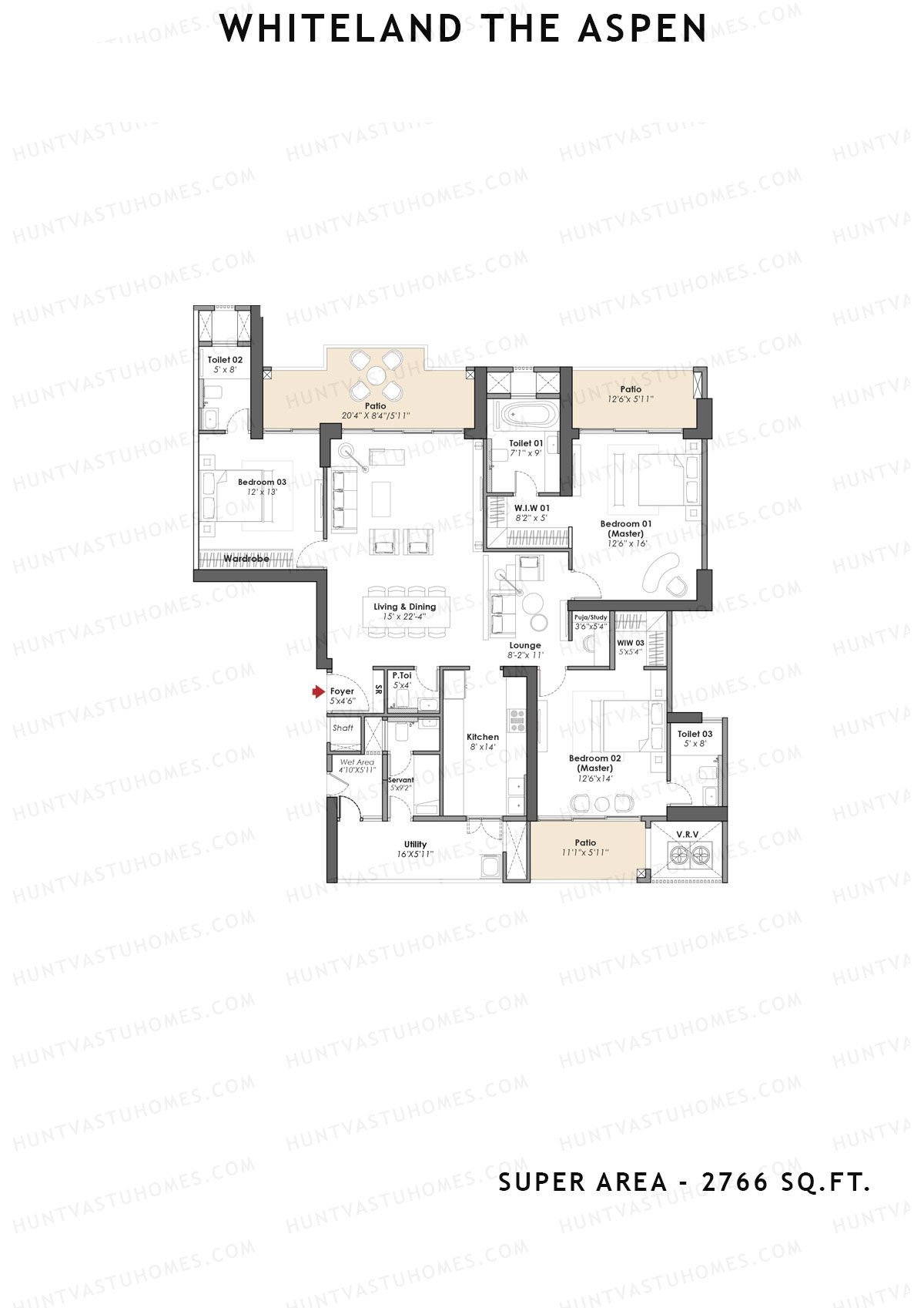 Whiteland The Aspen Tower T3 Unit 2 (Type 3bhk) Floor Plan