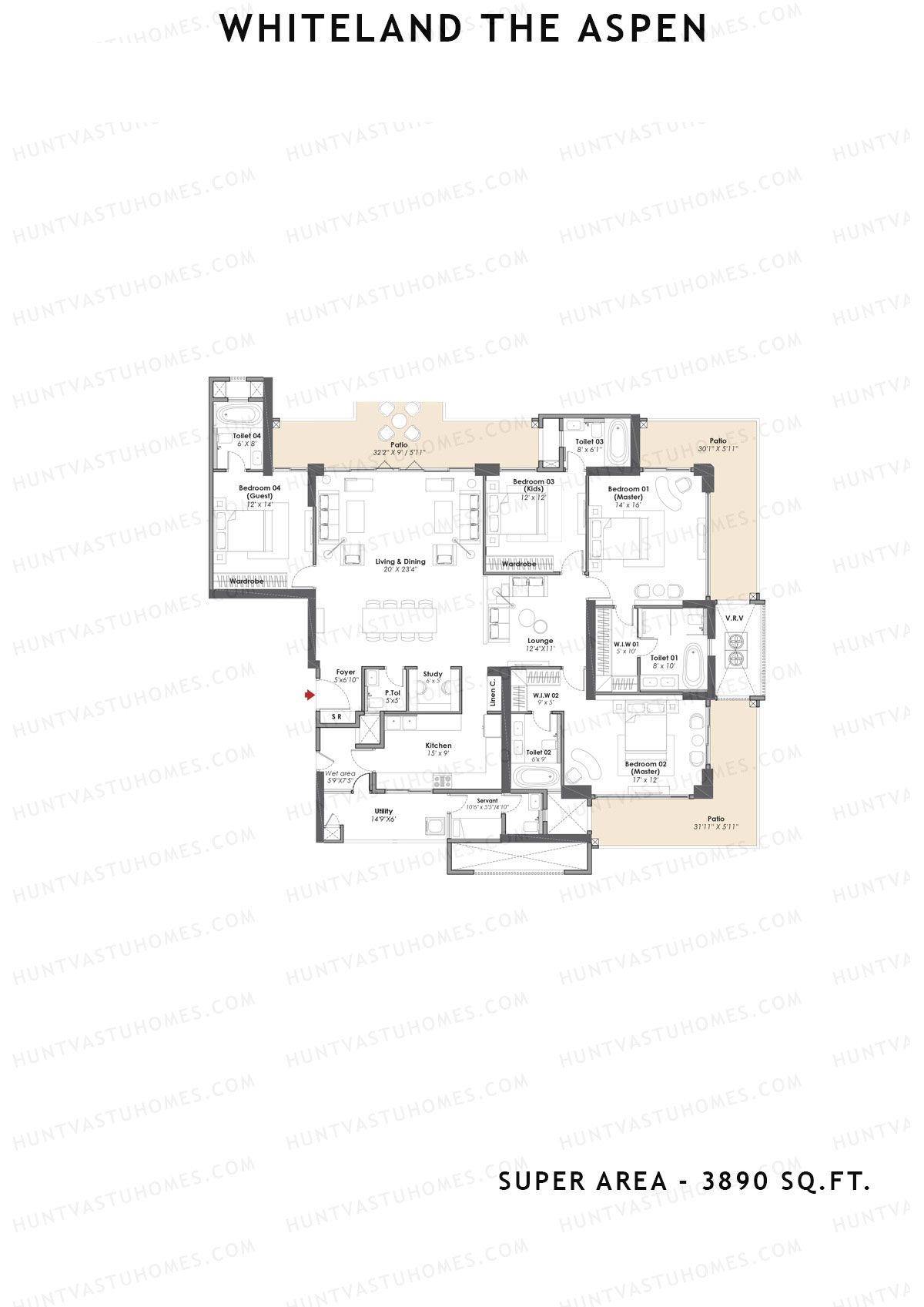 Whiteland The Aspen Tower T1 Unit 2 (Type 4bhk) Floor Plan