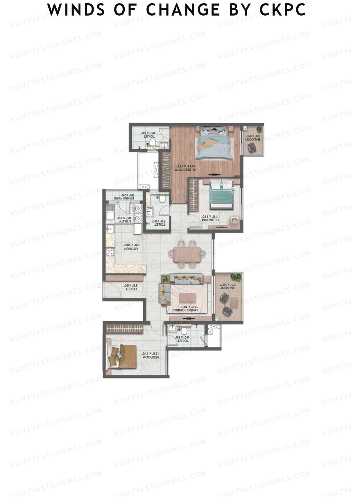 Winds of Change by CKPC, Tower A, Unit 2, 3BHK, Carpet Area 1085   sq ft 