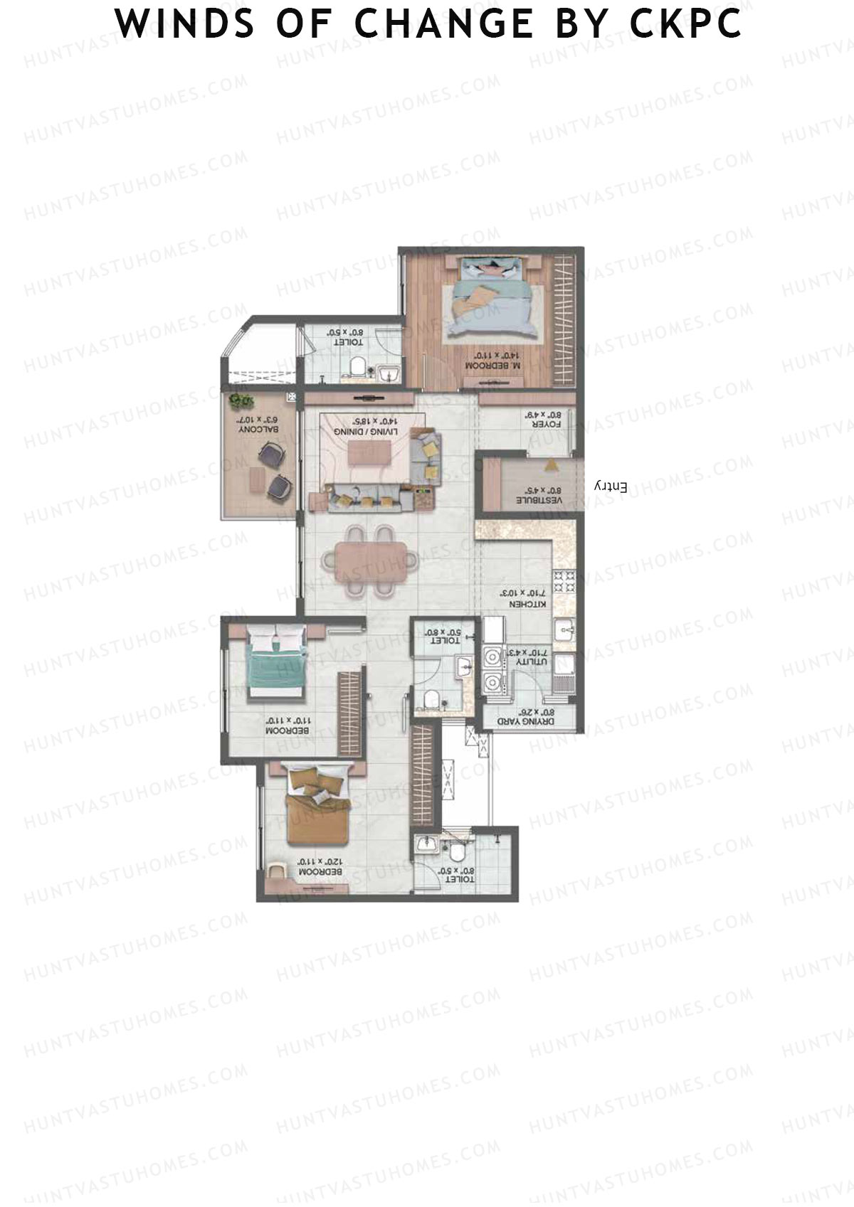 Winds of Change by CKPC, Tower A, Unit 5, 3BHK, Carpet Area 1038   sq ft 