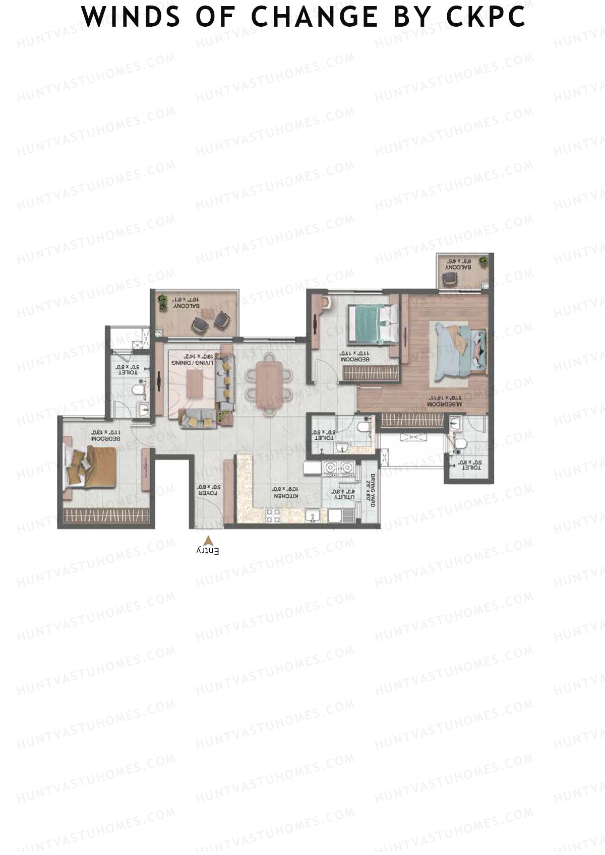 Winds of Change by CKPC, Tower B, Unit 1, 3BHK, Carpet Area 1085   sq ft 