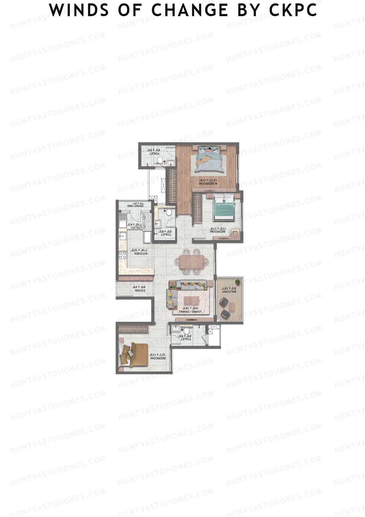 Winds of Change by CKPC, Tower C, Unit 2, 3BHK, Carpet Area 1039   sq ft 