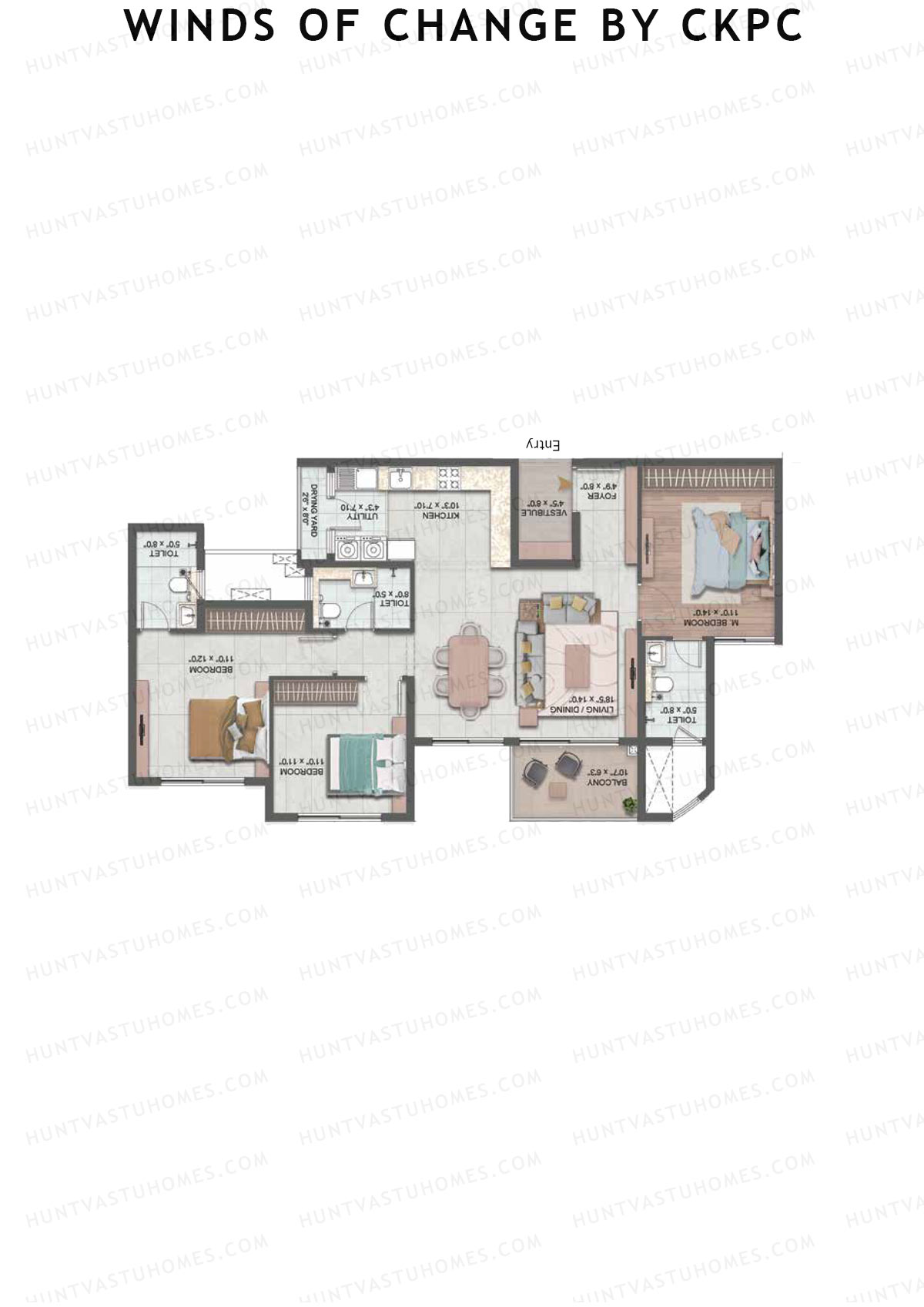 Winds of Change by CKPC, Tower C, Unit 4, 3BHK, Carpet Area 1038   sq ft 