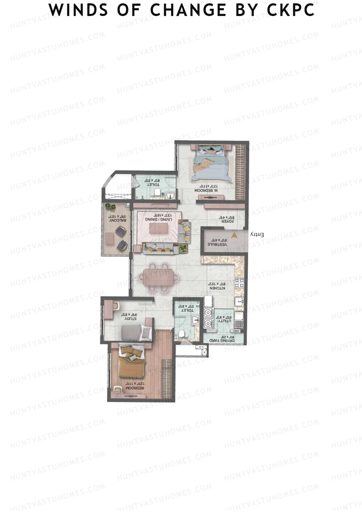 Winds of Change by CKPC, Tower E, Unit 5, 2BHK, Carpet Area 907   sq ft 