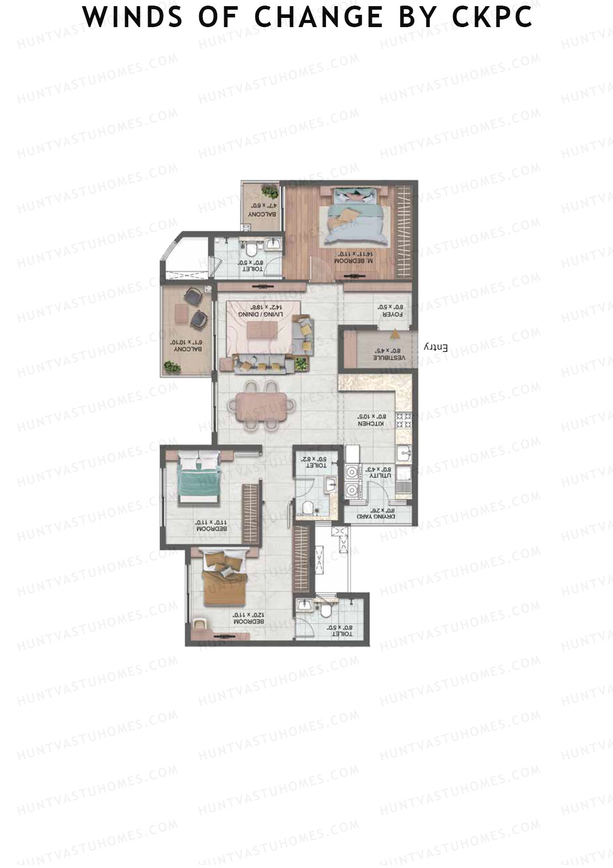 Winds of Change by CKPC, Tower F, Unit 4, 3BHK, Carpet Area 1067   sq ft 