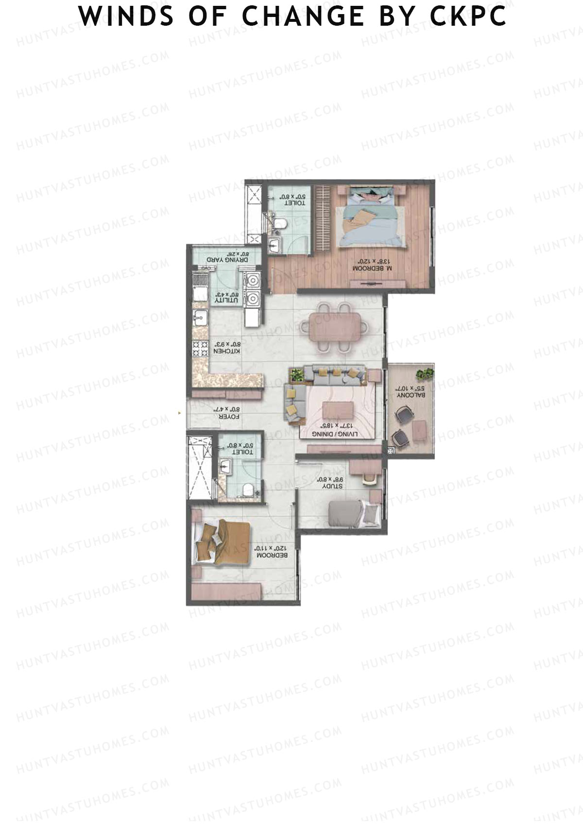 Winds of Change by CKPC, Tower J, Unit 1, 2BHK, Carpet Area 926   sq ft 