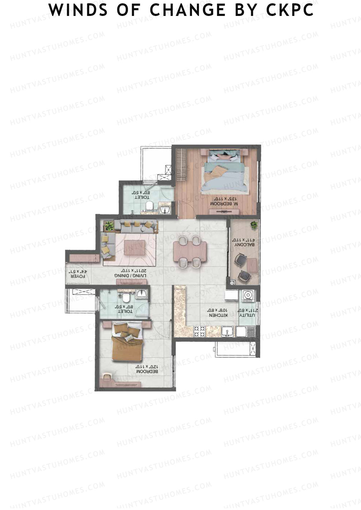 Winds of Change by CKPC, Tower J, Unit 2, 2BHK, Carpet Area 779   sq ft 