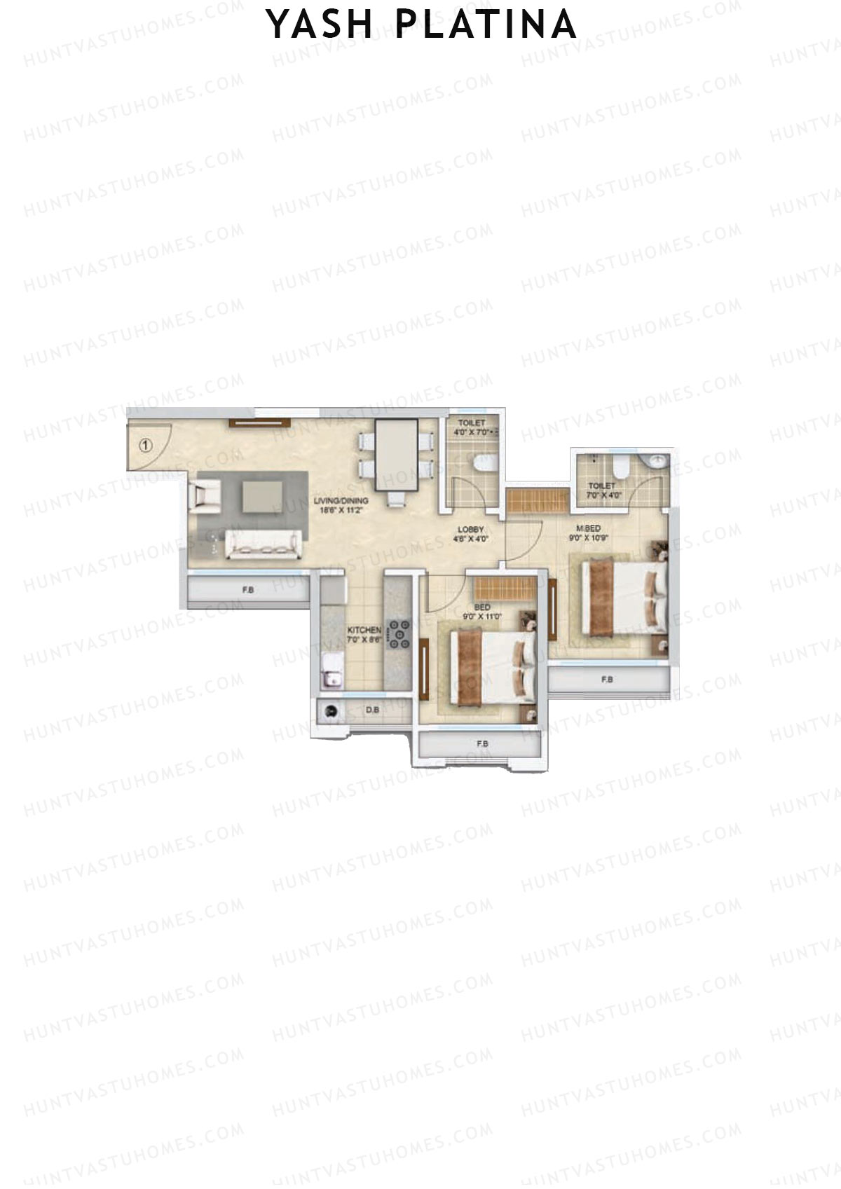 Yash Platina, Wing A, Unit 1, 2BHK, Carpet Area 597   sq ft 