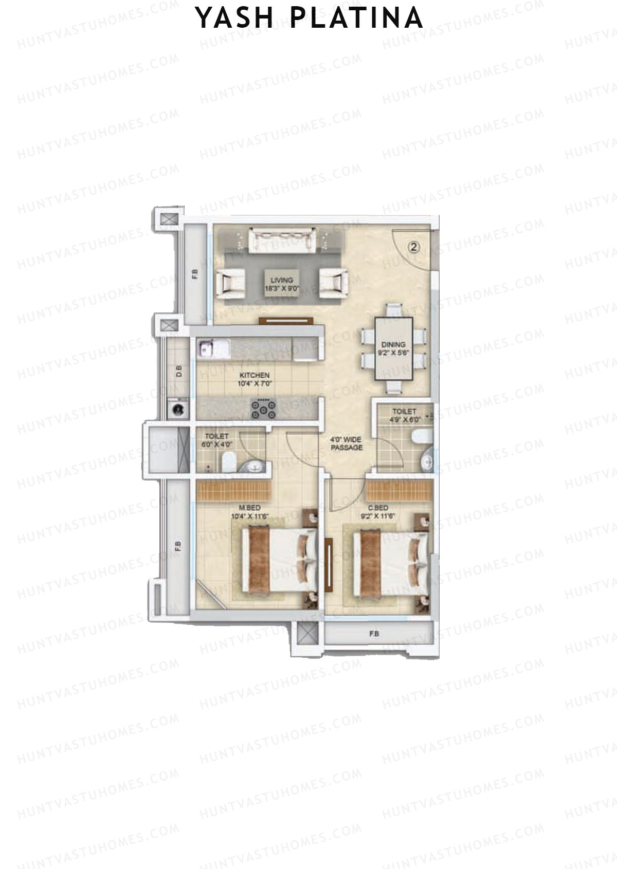 Yash Platina, Wing A, Unit 2, 2BHK, Carpet Area 566   sq ft 