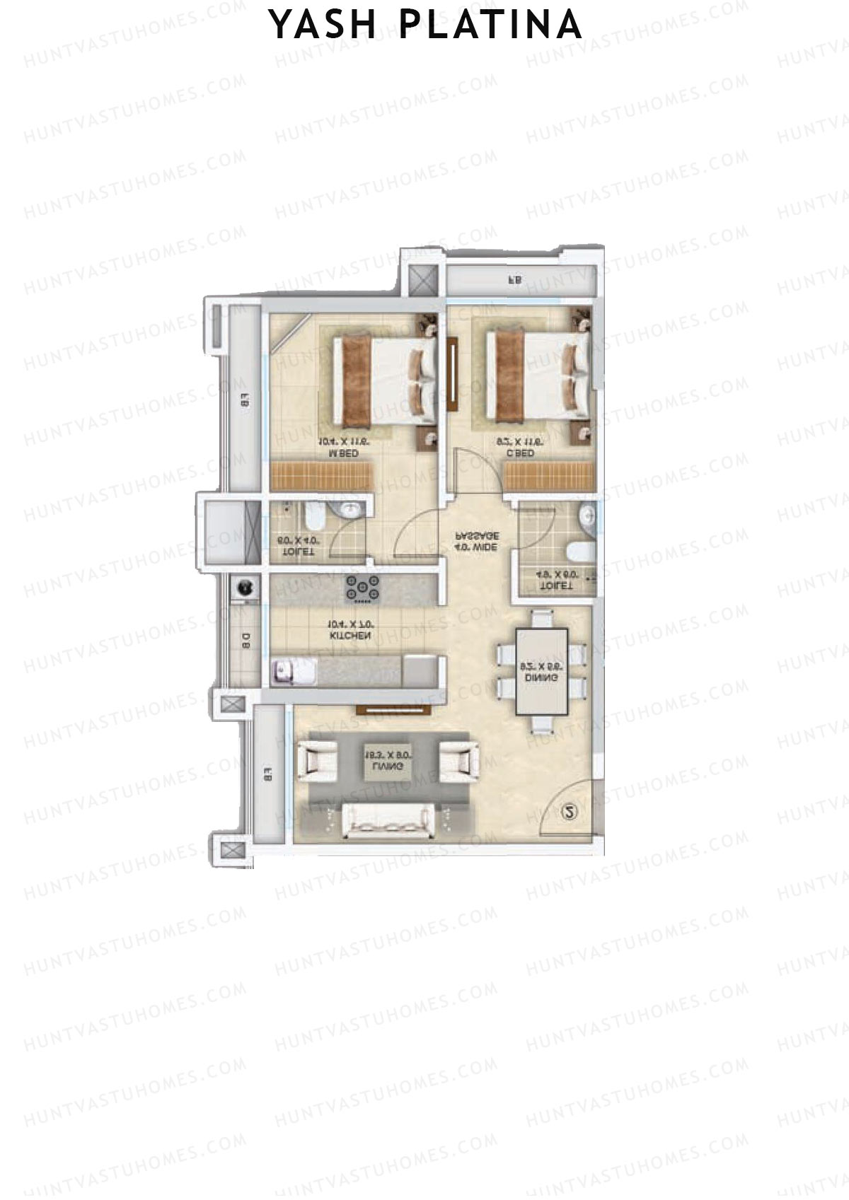 Yash Platina, Wing A, Unit 3, 2BHK, Carpet Area 566   sq ft 