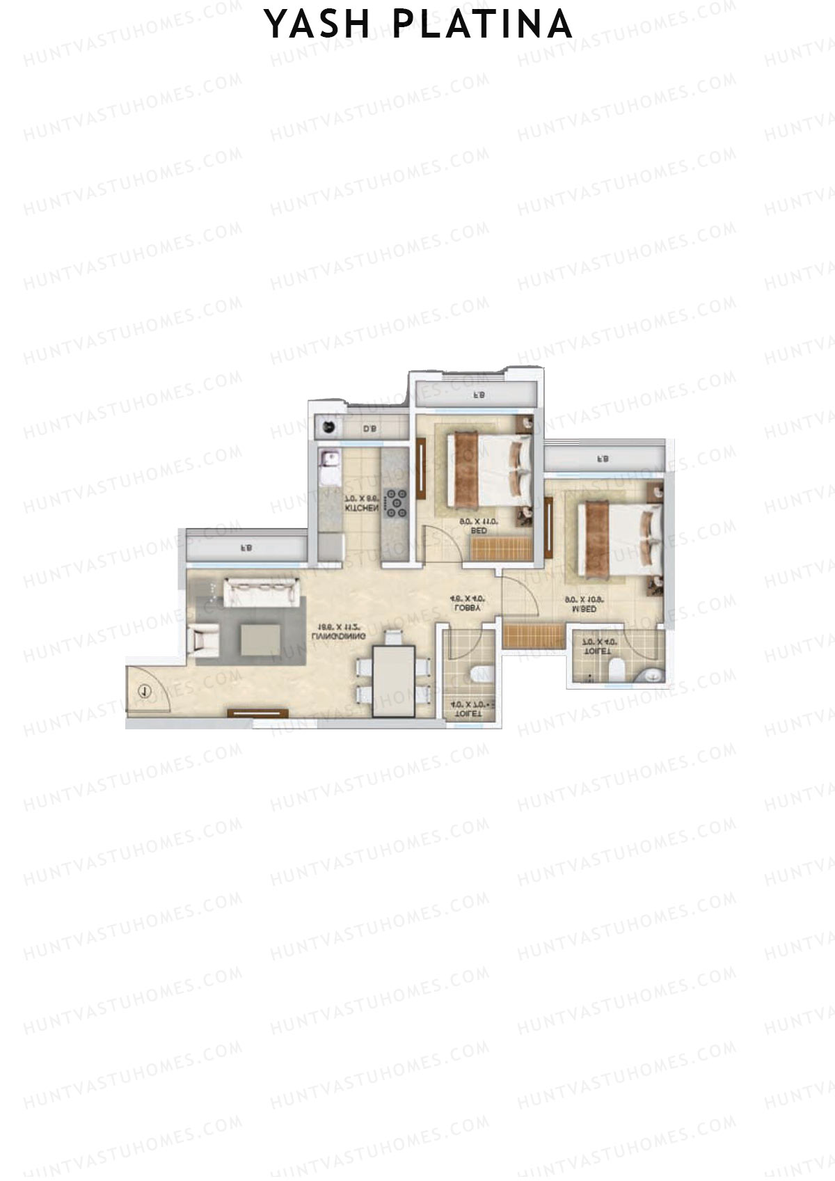Yash Platina, Wing A, Unit 4, 2BHK, Carpet Area 597   sq ft 
