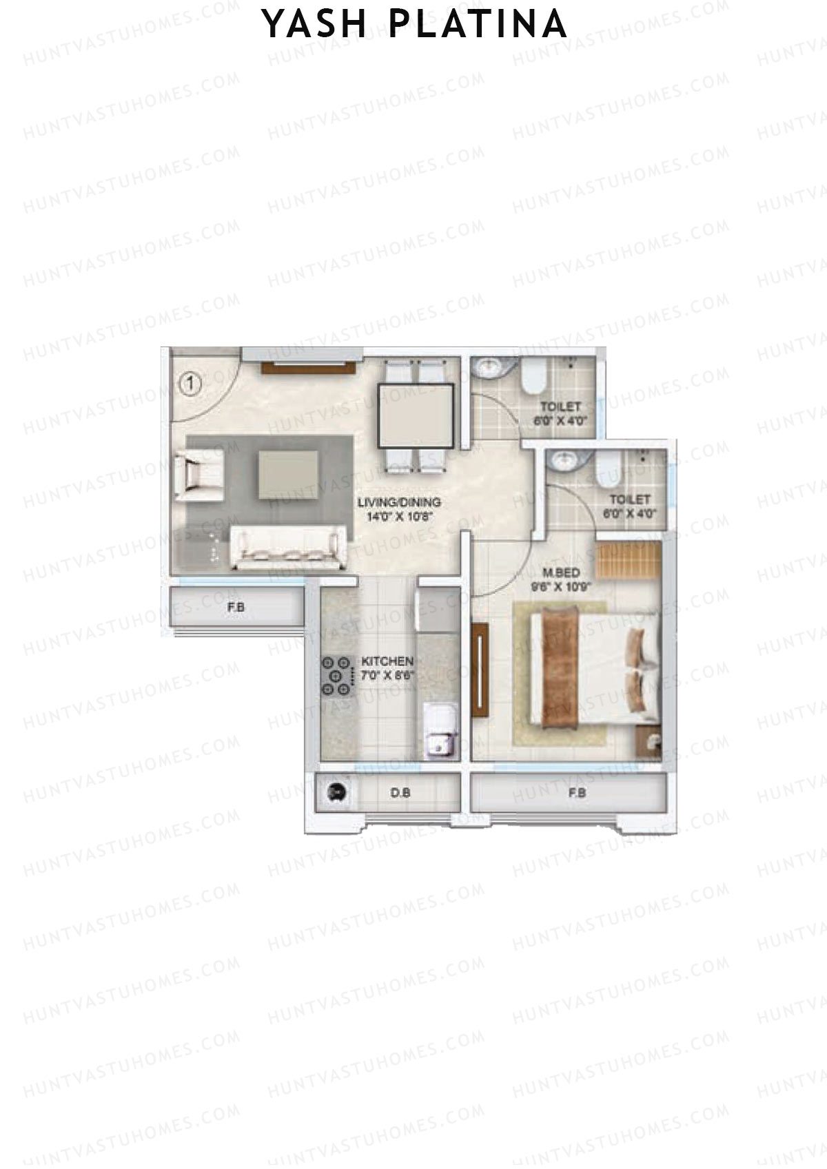 Yash Platina, Wing B, Unit 1, 1BHK, Carpet Area 370   sq ft 