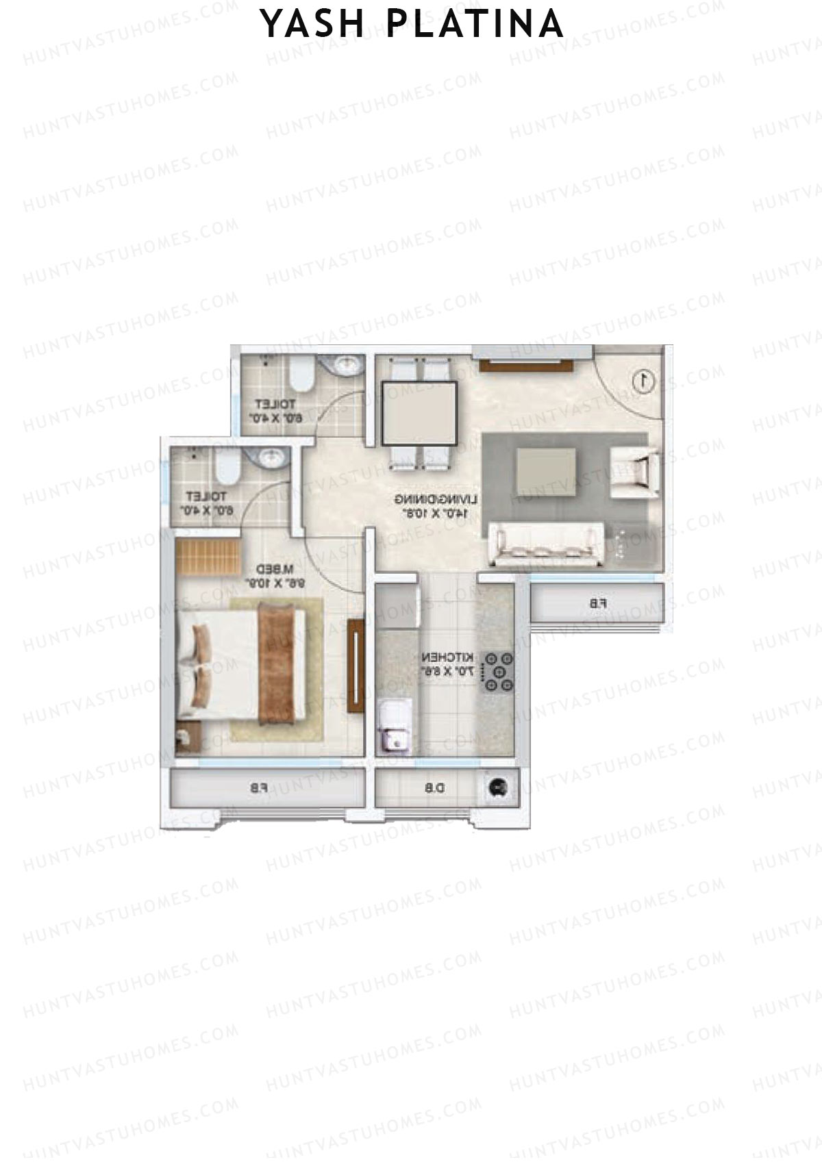 Yash Platina, Wing B, Unit 2, 1BHK, Carpet Area 370   sq ft 