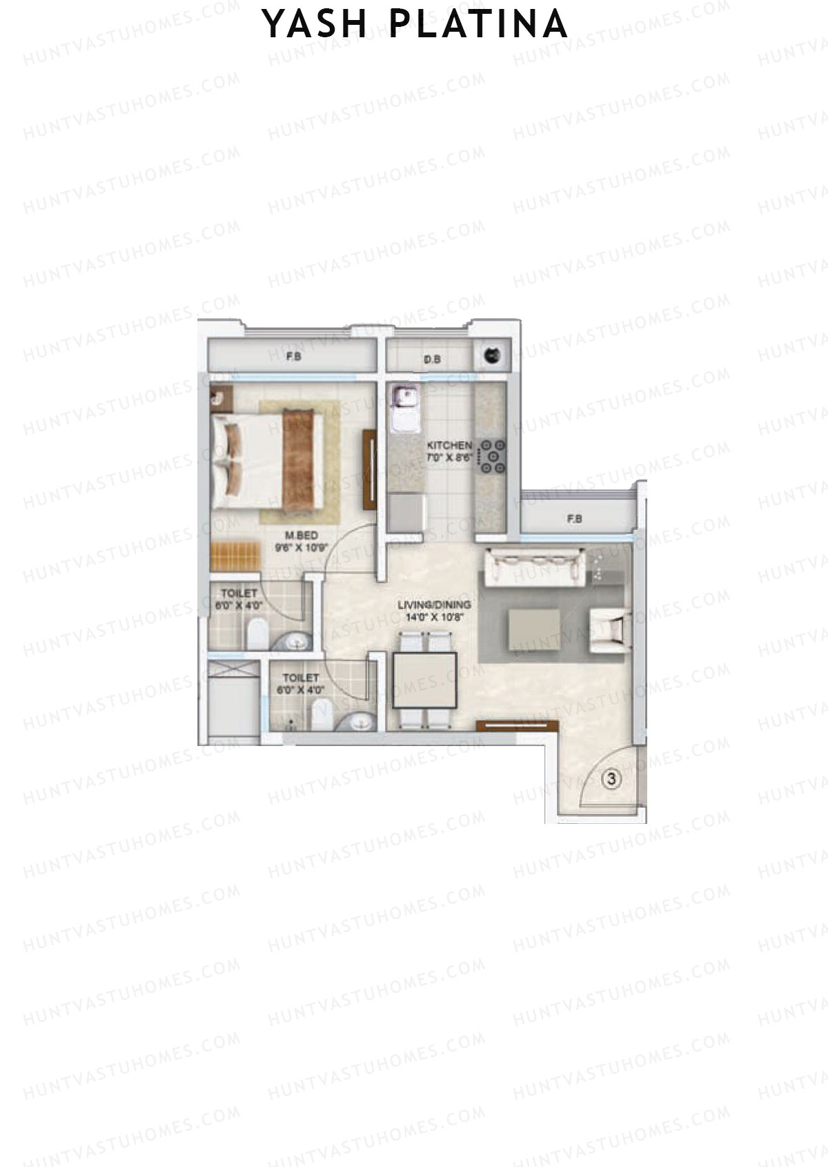 Yash Platina, Wing B, Unit 3, 1BHK, Carpet Area 391   sq ft 