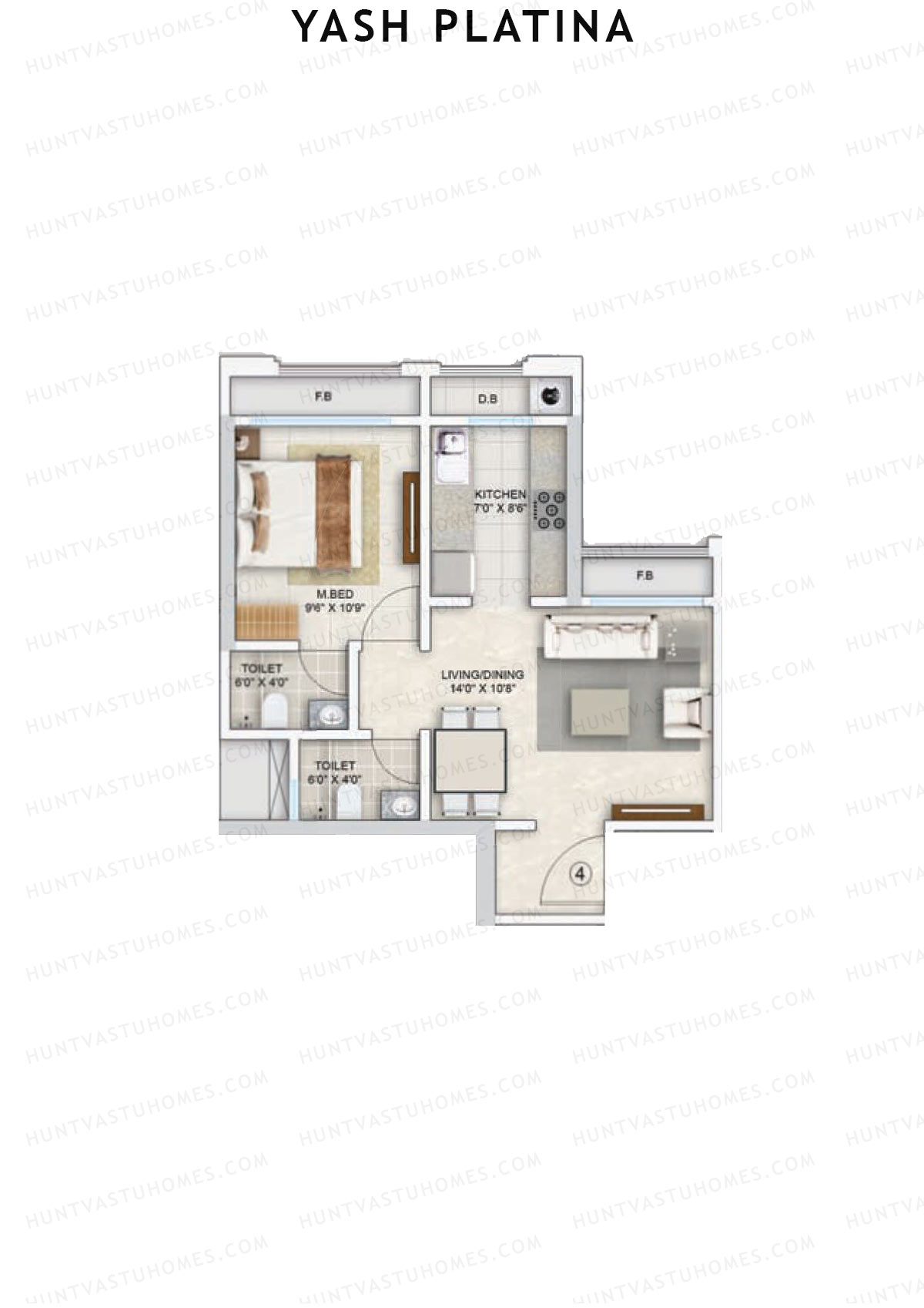 Yash Platina, Wing B, Unit 4, 1BHK, Carpet Area 397   sq ft 